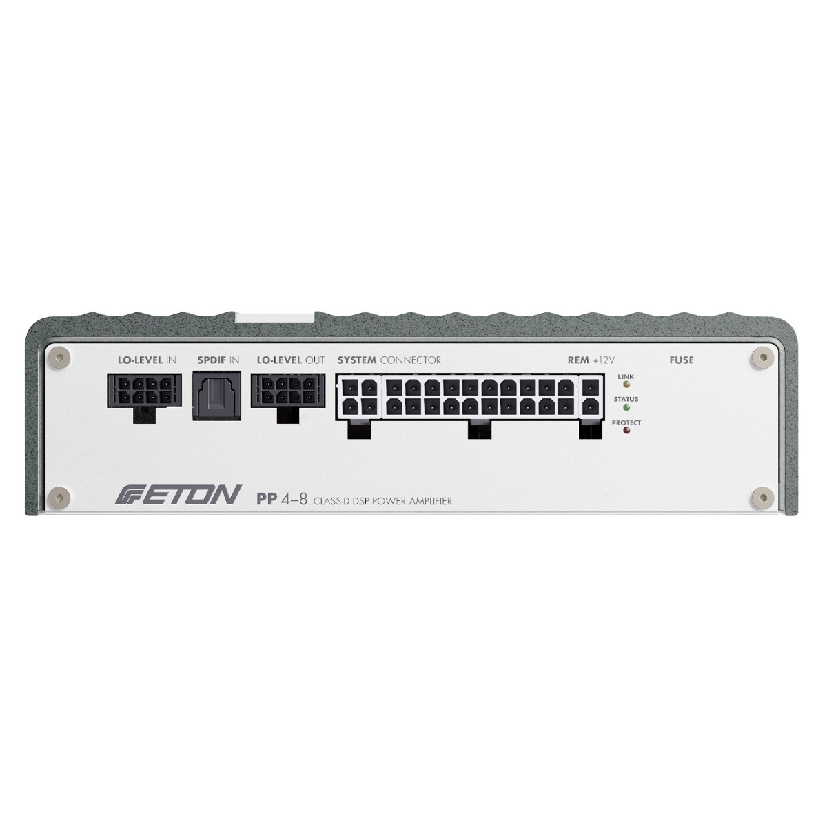 Rückseite eines grauen Verstärkers mit Anschlüssen, Systemconnector und Statusleuchten.
