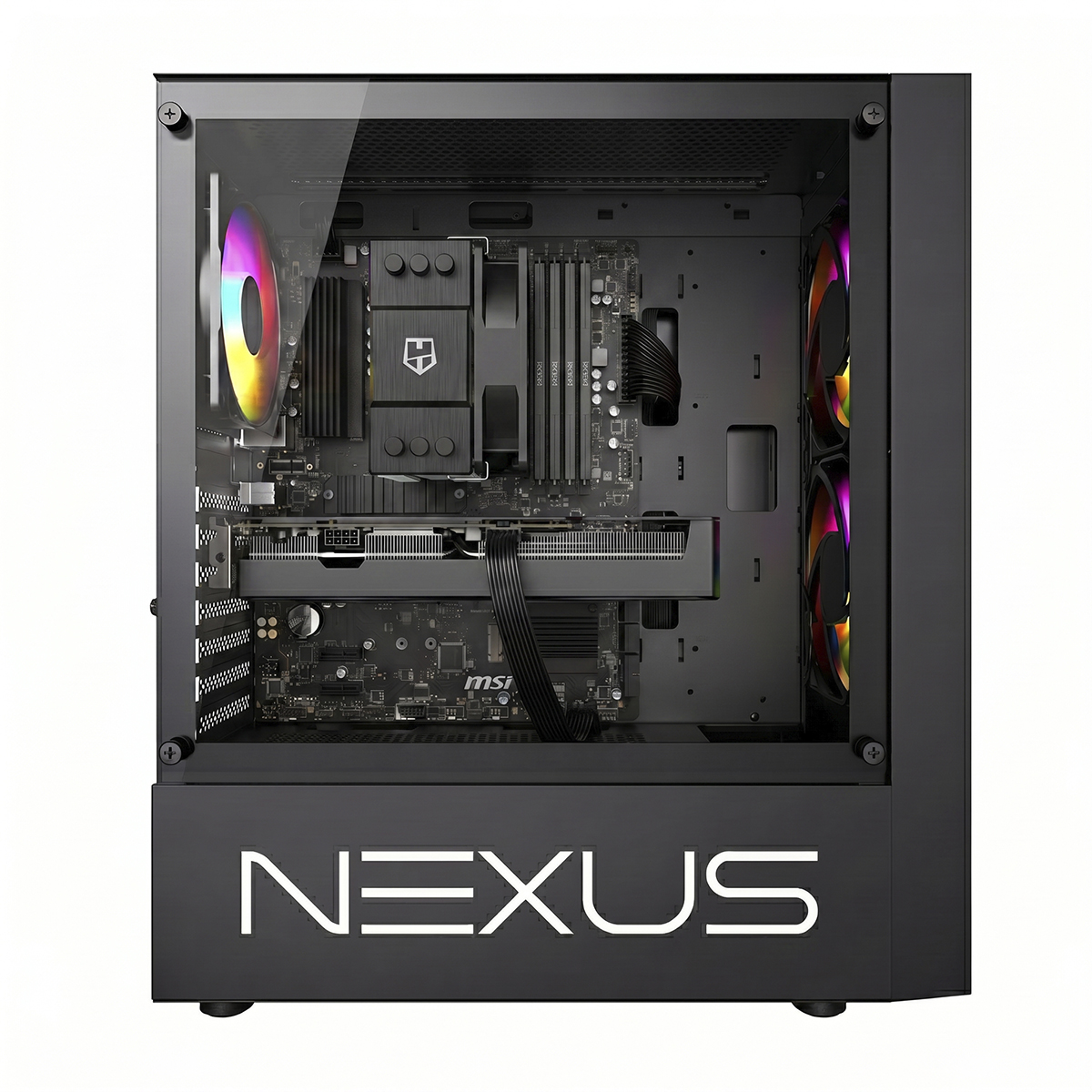 Un tower per PC NEXUS nero con pannello laterale in vetro rivela l'interno illuminato con ventole e scheda madre.