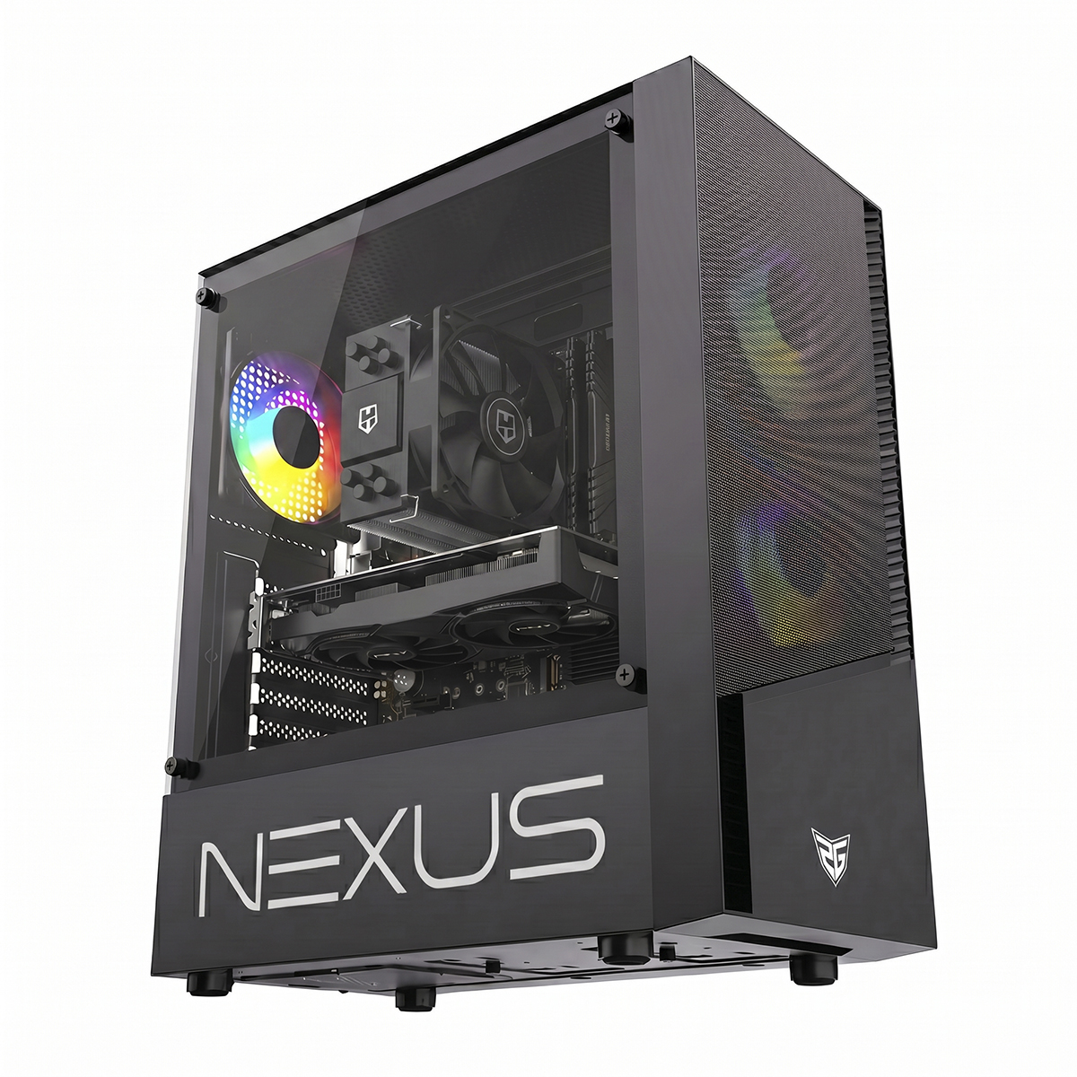 Un tower per PC Nexus nero con pannello laterale in vetro mostra ventole illuminate e componenti interni.