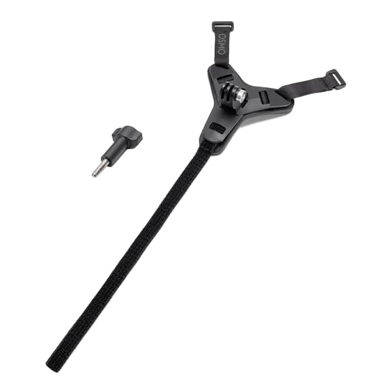 Supporto per fotocamera Osmo nero con cinturino e vite di fissaggio su fondo bianco.