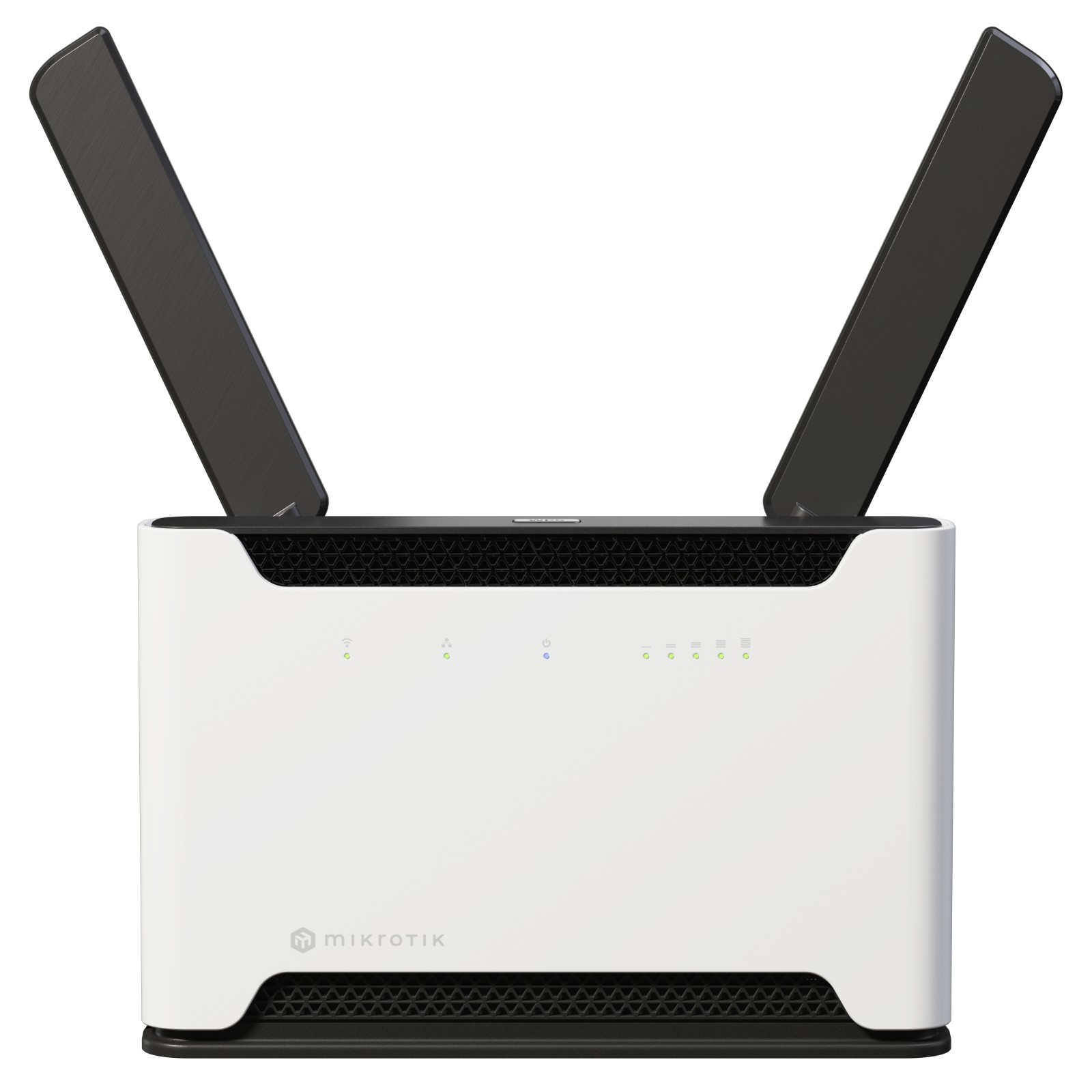 Un router wireless MikroTik bianco con due grandi antenne nere, LED di stato e griglie di ventilazione.