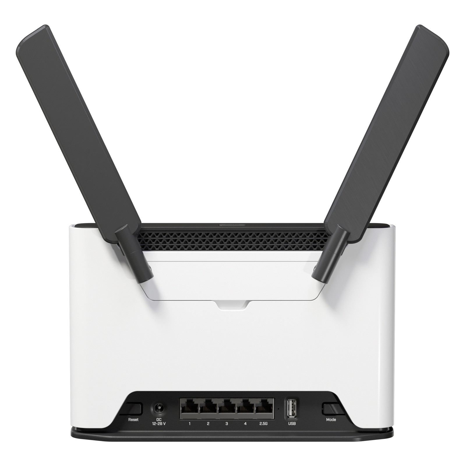 Un router di rete bianco e nero con due grandi antenne regolabili e varie porte posteriori.