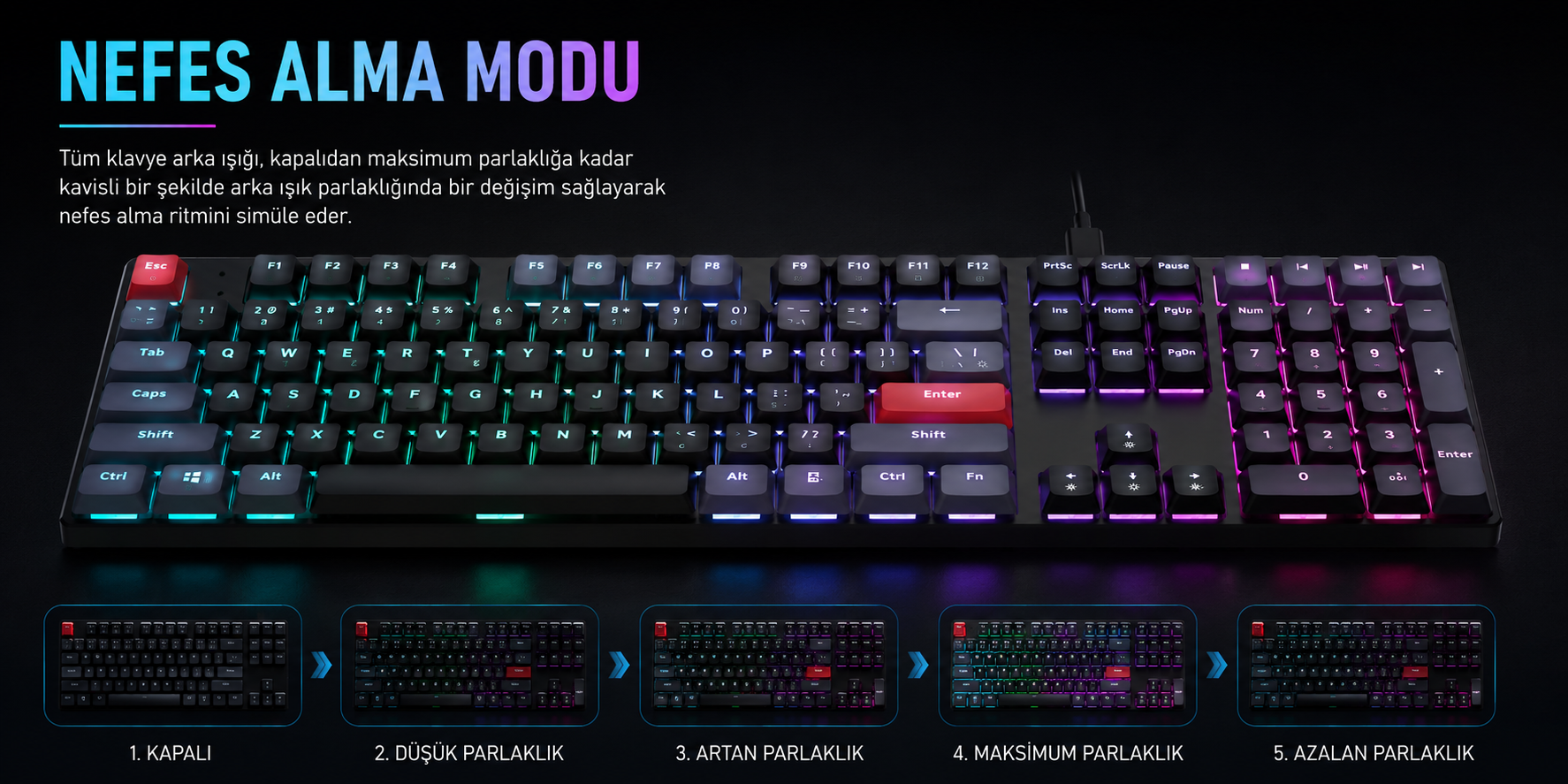 Renkli RGB arka ışıklı, kırmızı esc ve enter tuşlu ve altta beş parlaklık seviyesi gösterilen siyah klavye.
