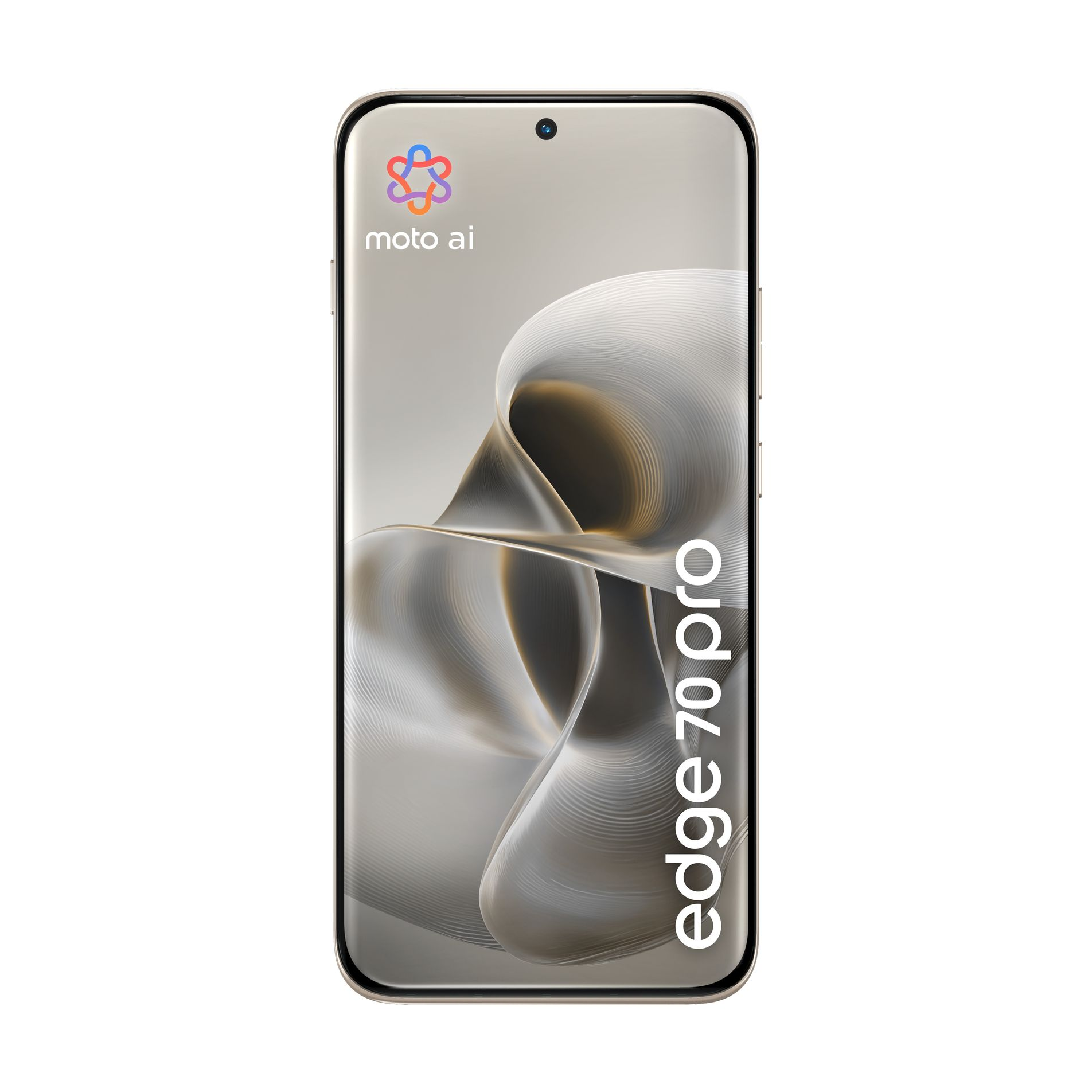Smartphone Moto Edge 70 Pro con grafica a onde fluide e logo moto ai sullo schermo.
