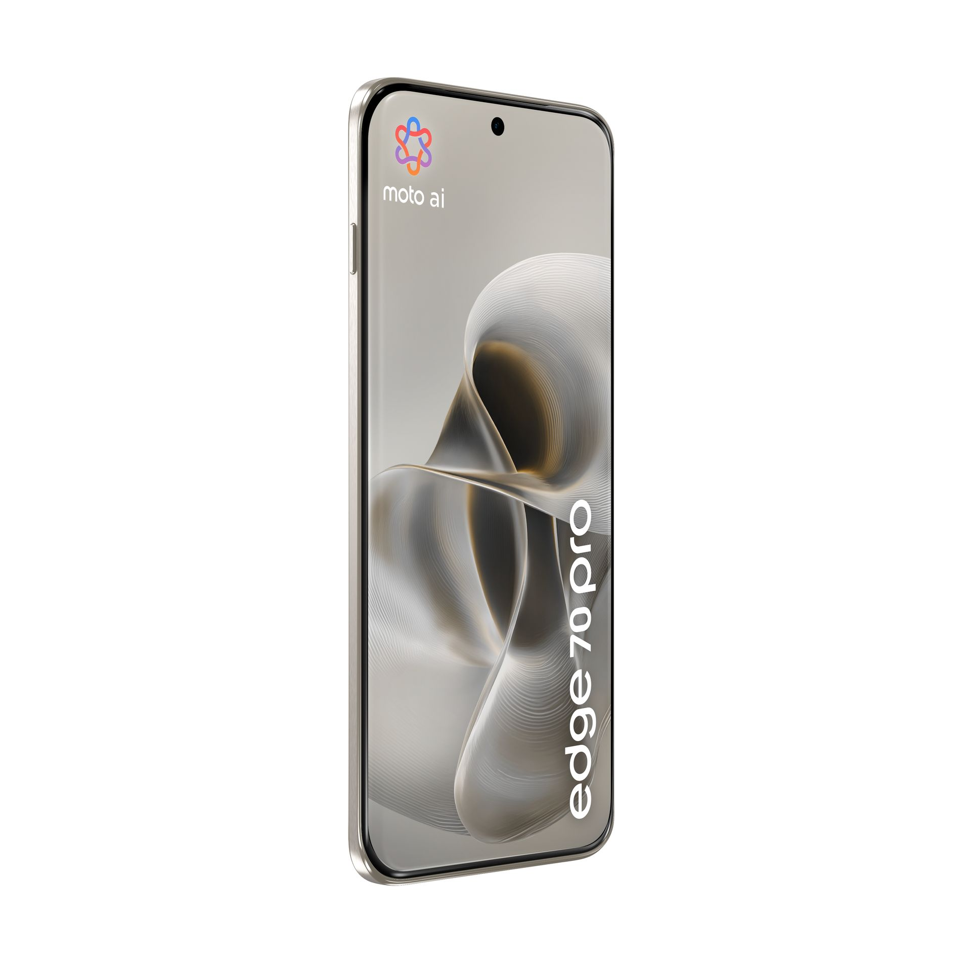 Uno smartphone argentato Motorola Edge 70 Pro è in posizione verticale, con uno sfondo astratto e testo sullo schermo.