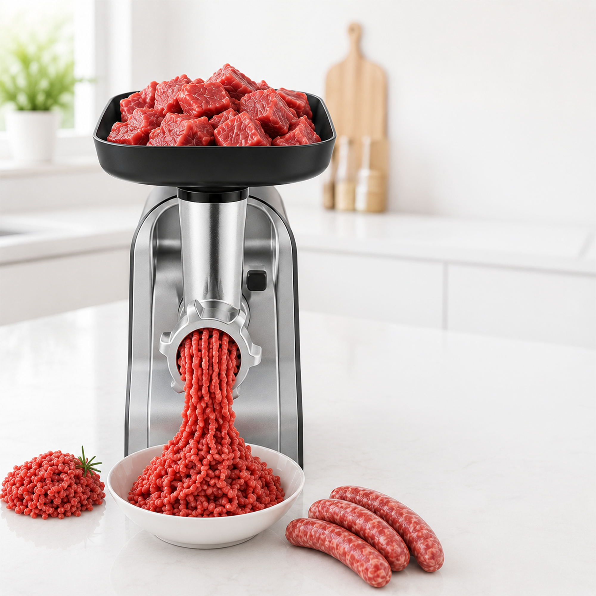 Fleischwolf auf weißem Tisch verarbeitet Fleischwürfel zu feinem Hackfleisch in einer Schüssel, daneben rohe Würste.