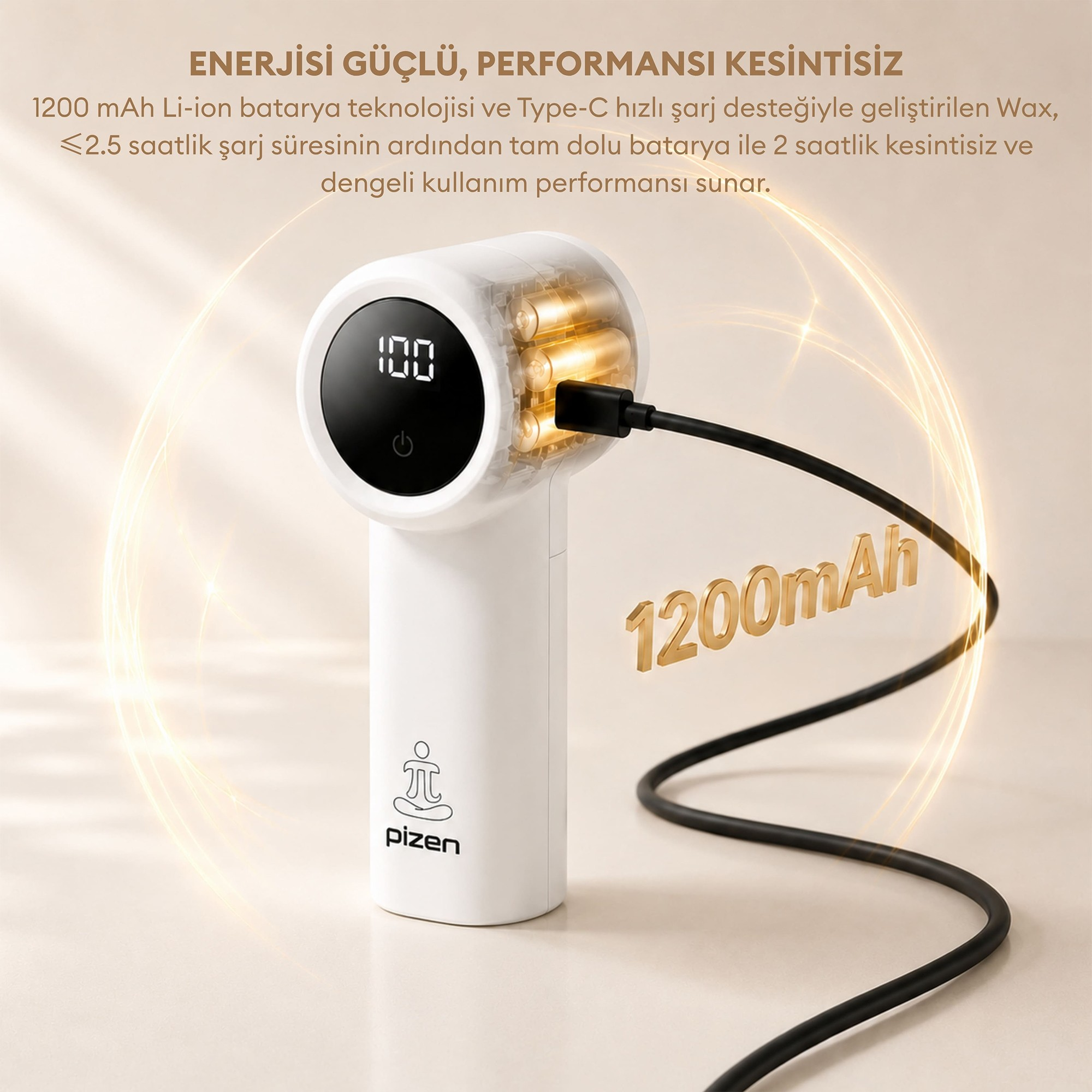 USB kablosuyla şarj edilirken 100 gösteren LED ekranlı beyaz bir Pizen el cihazı.