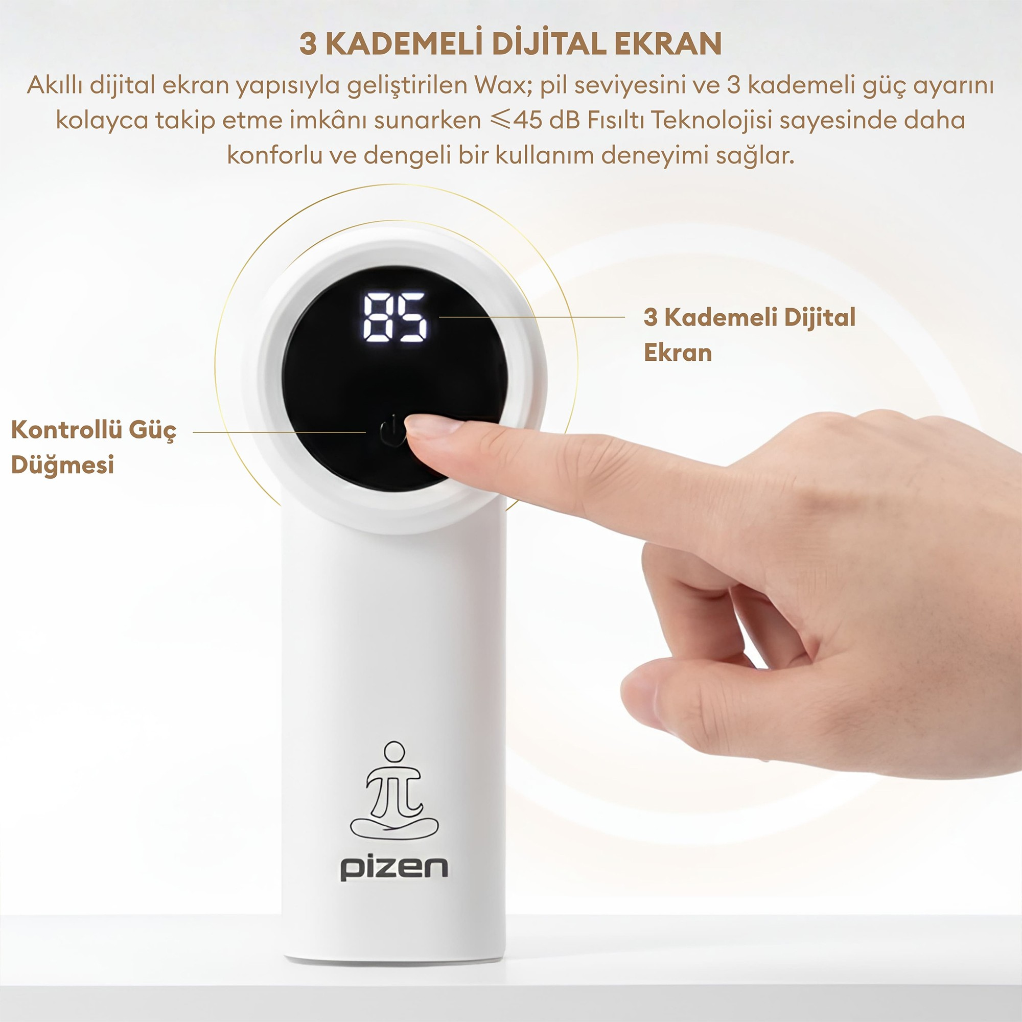 Dijital ekrana sahip beyaz cihazın güç düğmesine basan bir el.