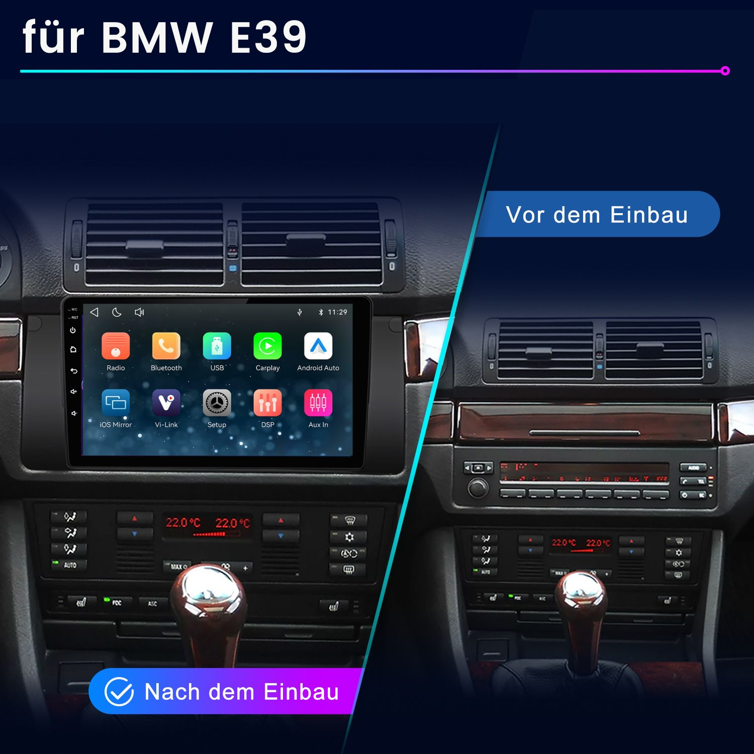 BMW E39 Armaturenbrett vor und nach dem Einbau eines modernen Infotainmentsystems mit Touchscreen.