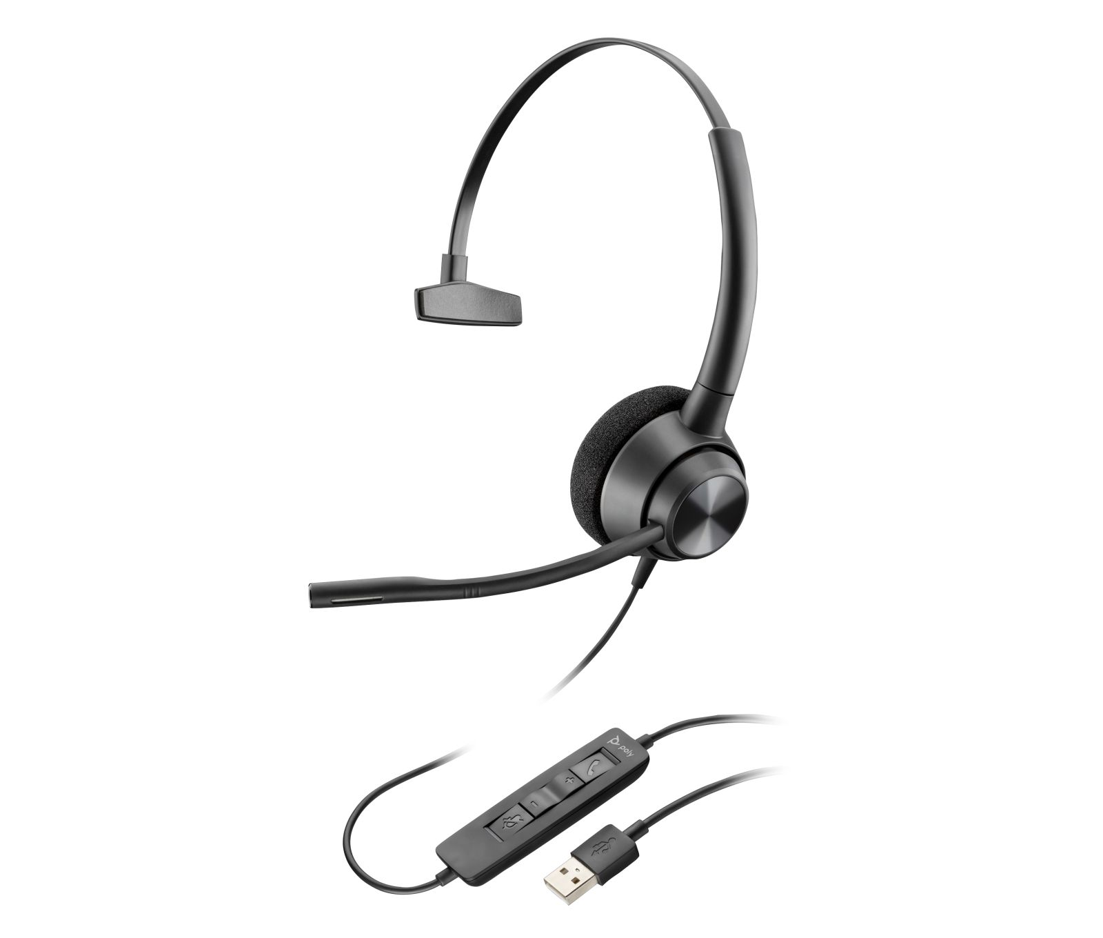 Cuffia mono nera con un cuscinetto auricolare, braccio microfonico, unità di controllo e cavo USB.