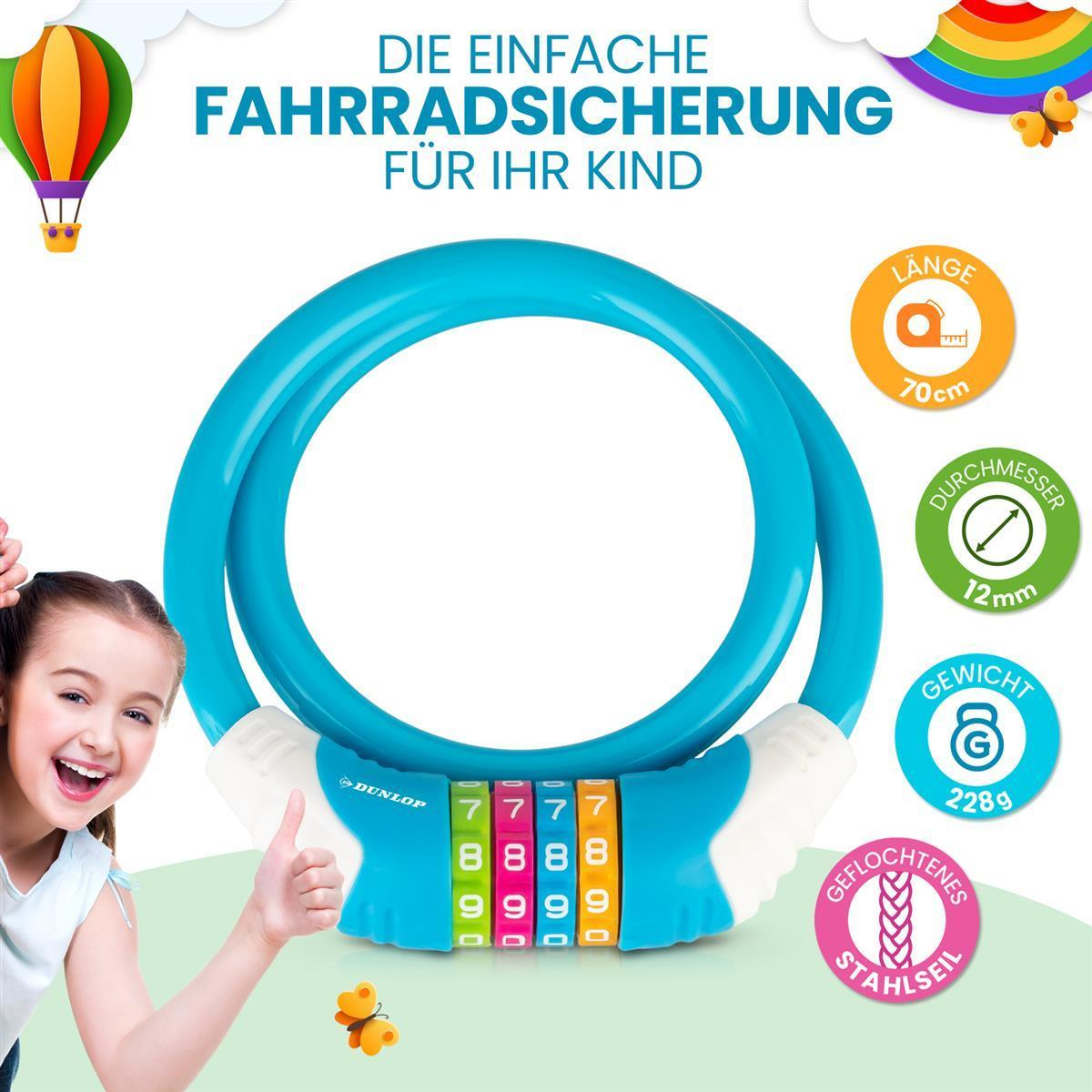 Kindersicherheits-Fahrradschloss in Blau mit Zahlencode und Produktinfos.