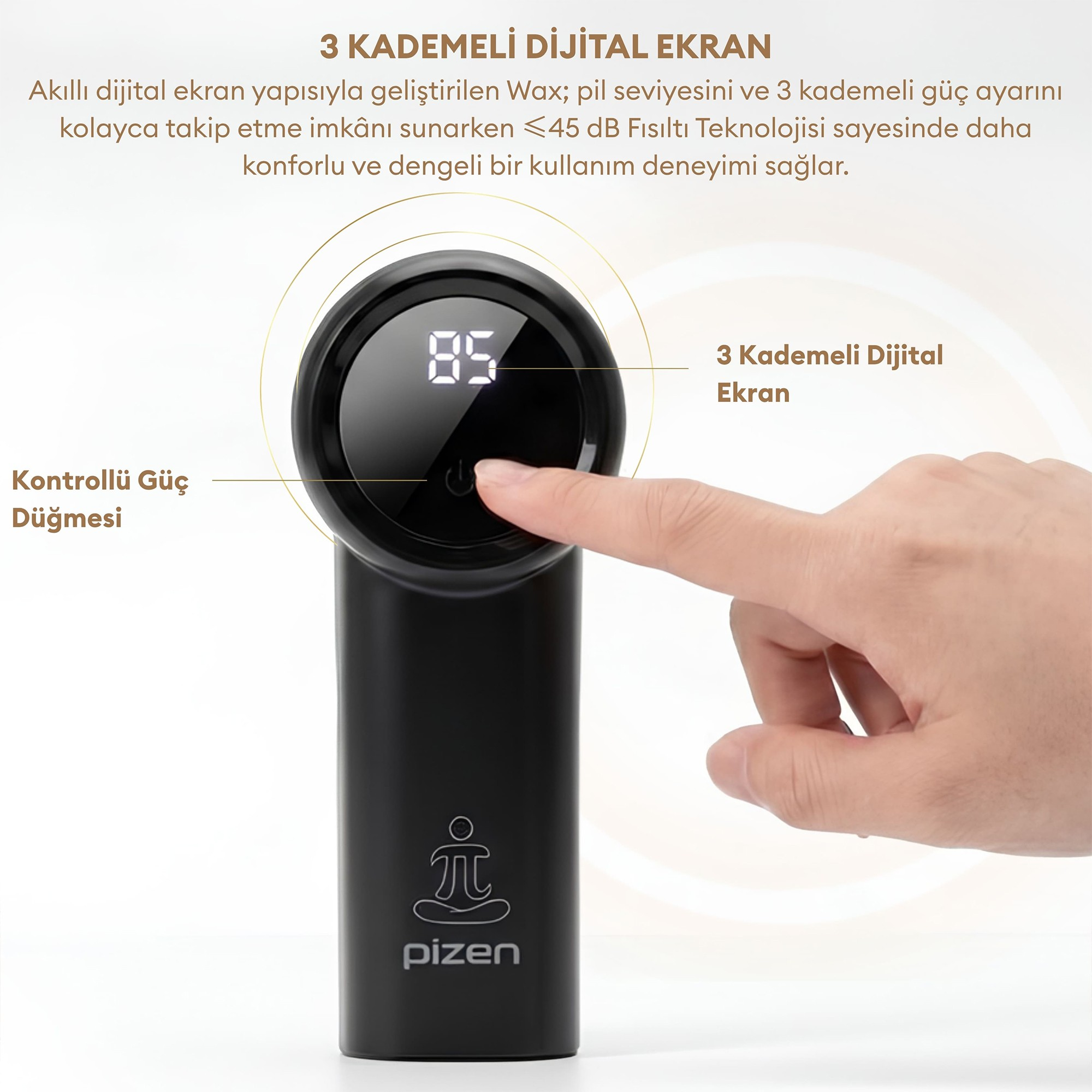 Dijital ekranlı siyah masaj aletinin güç düğmesine dokunan el.