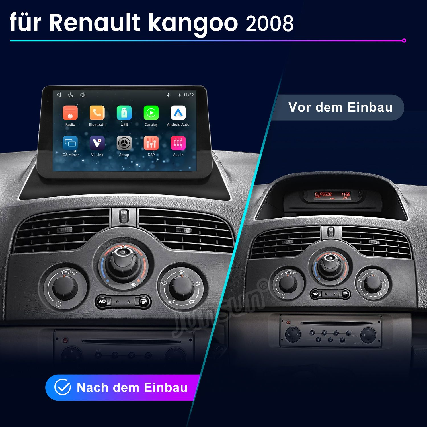 Vergleich des Renault Kangoo 2008 Armaturenbretts vor und nach dem Einbau eines Multimedia-Bildschirms.