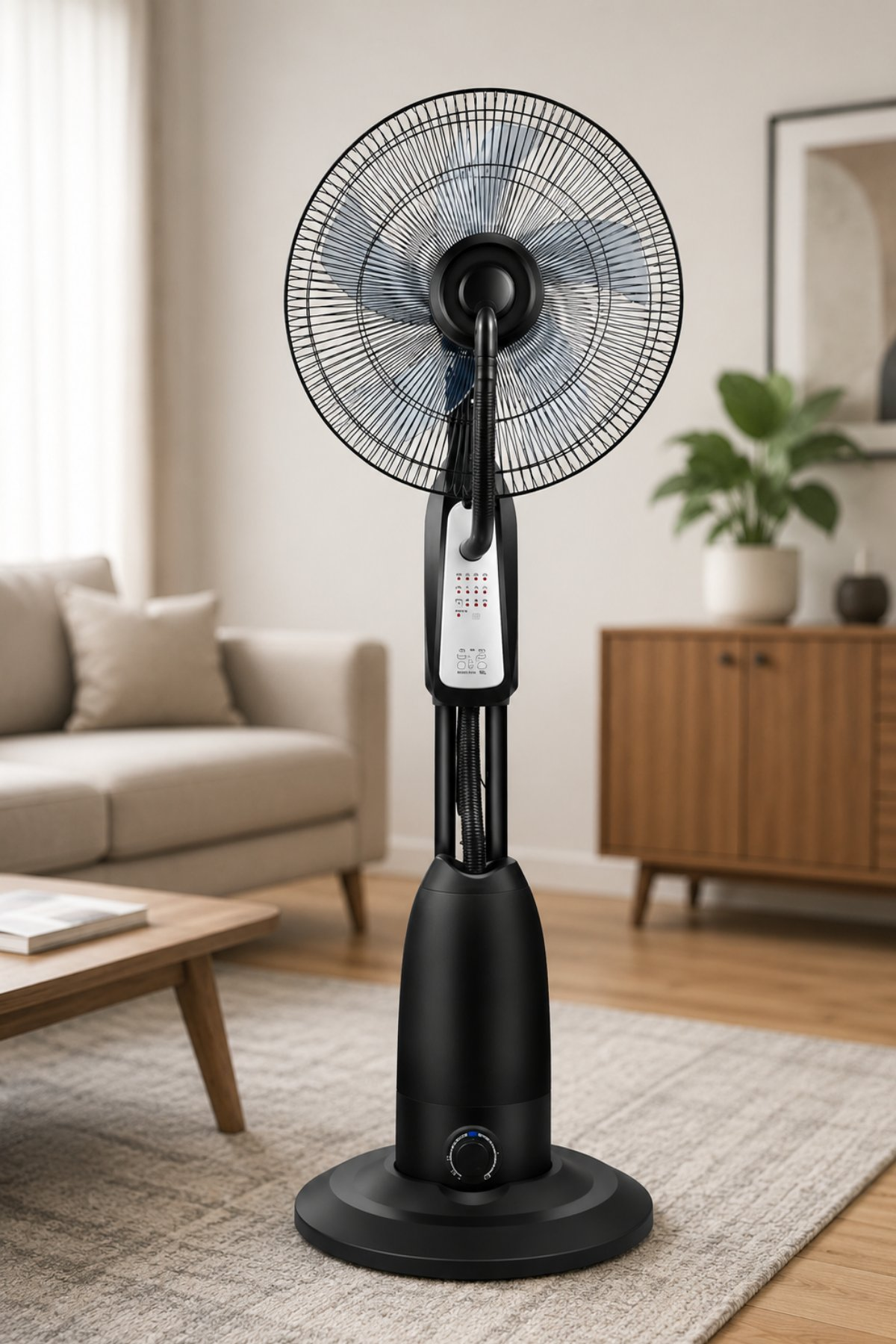 Kanepe ve ahşap dolaplı aydınlık, modern bir oturma odasında siyah ayaklı vantilatör.
