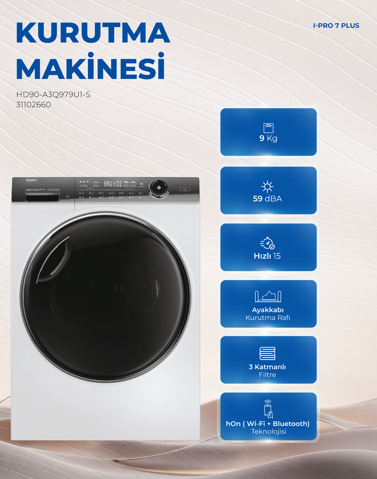 Asciugatrice a pompa di calore Haier con funzioni e riquadri blu.
