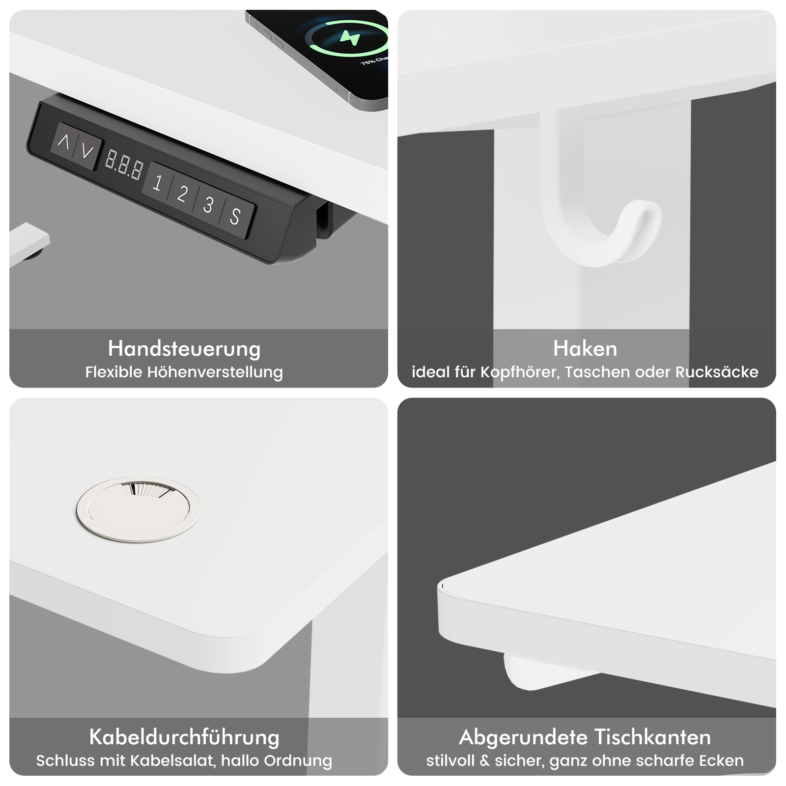 Vier Felder zeigen Schreibtisch-Funktionen: Höhensteuerung, Kopfhörerhaken, Kabeldurchlass, abgerundete Kante.