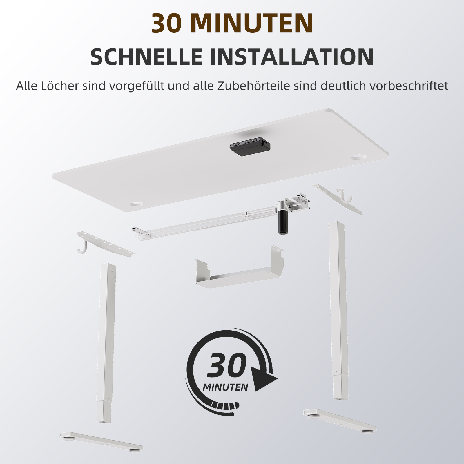 Explosionszeichnung eines höhenverstellbaren Schreibtisches mit Bauteilen und der Aufschrift 30 Minuten Installation.