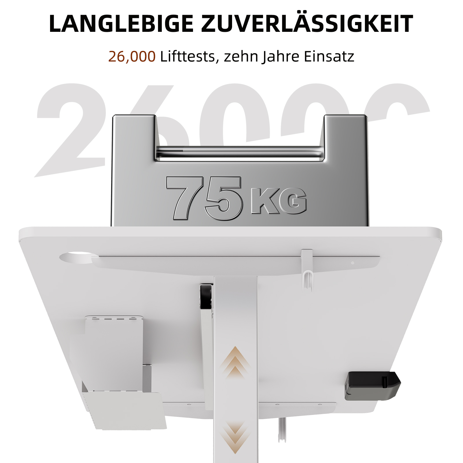 Ein 75-kg-Gewicht auf einem weißen Schreibtisch mit Text darüber: Langlebige Zuverlässigkeit.