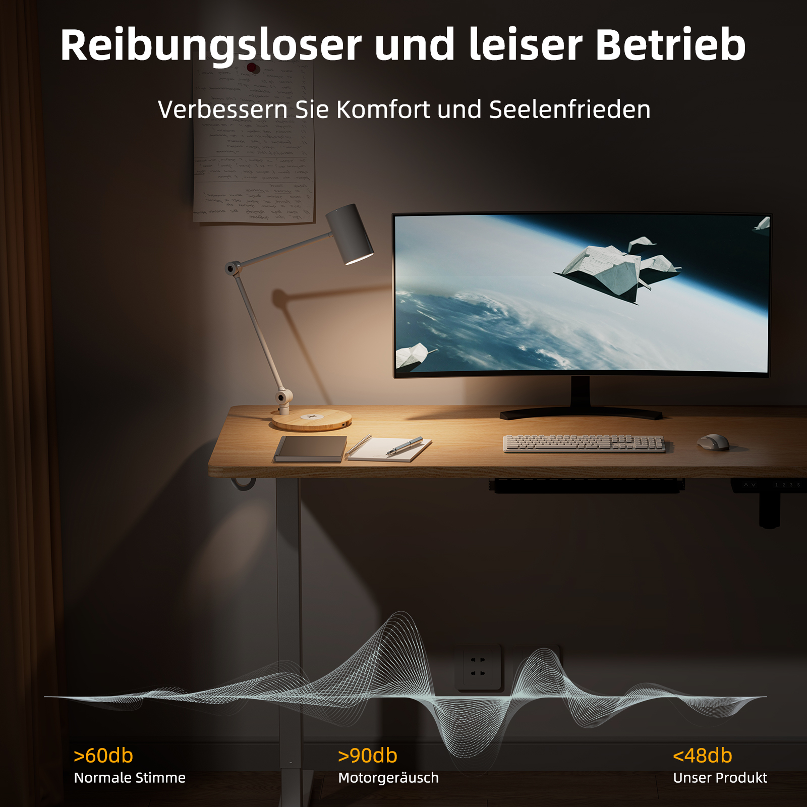 Ein Schreibtisch mit Monitor, Lampe und Tastatur; unten ein Diagramm zu leiserem Betrieb.