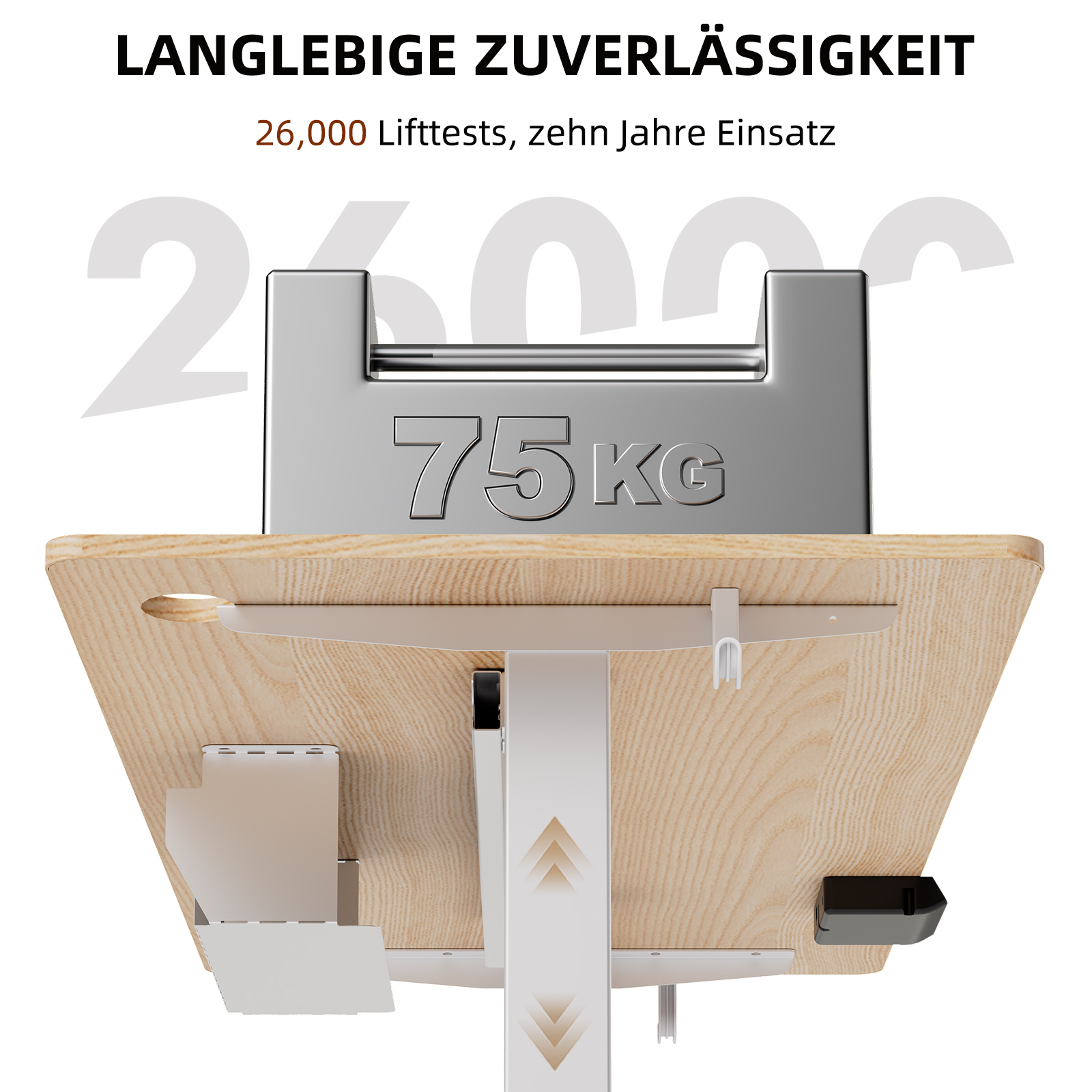 Ein 75-kg-Gewicht liegt auf einem verstellbaren Schreibtisch, um Haltbarkeit und Stabilität zu zeigen.