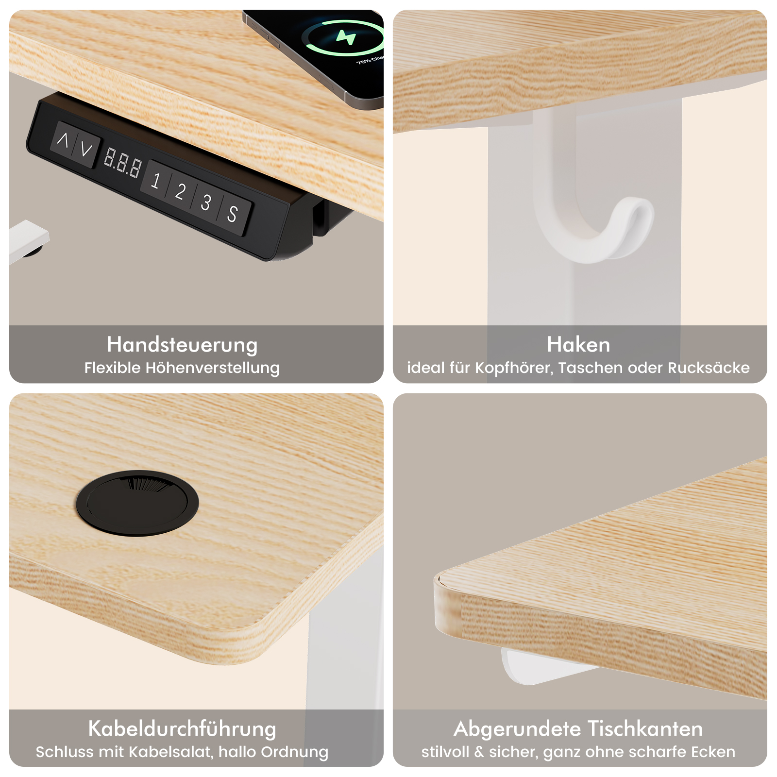 Vier Bilder zeigen Schreibtischdetails: Handsteuerung, Haken, Kabeldurchführung und abgerundete Kanten.