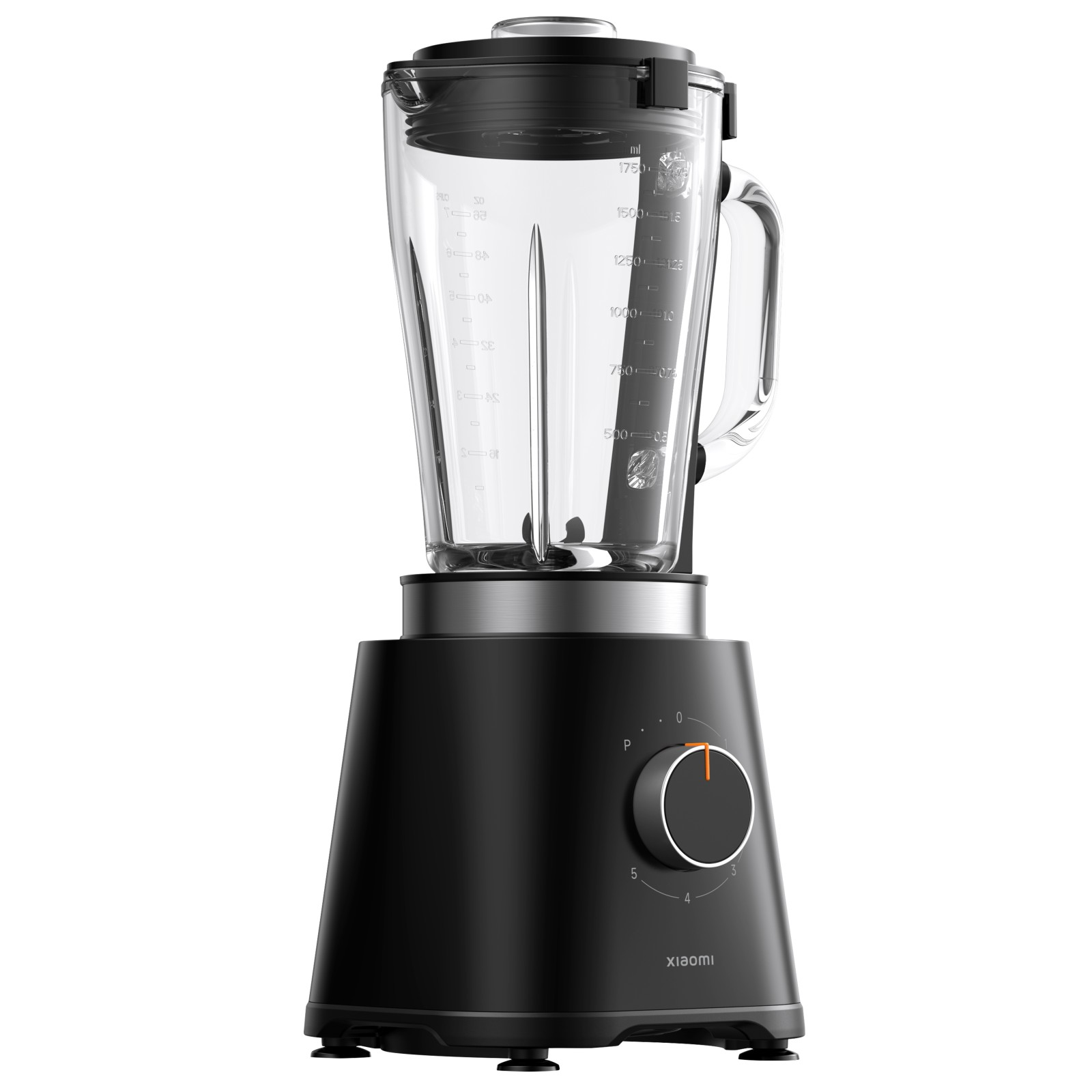 Un frullatore a bicchiere Xiaomi nero con caraffa in vetro e manopola su sfondo bianco.