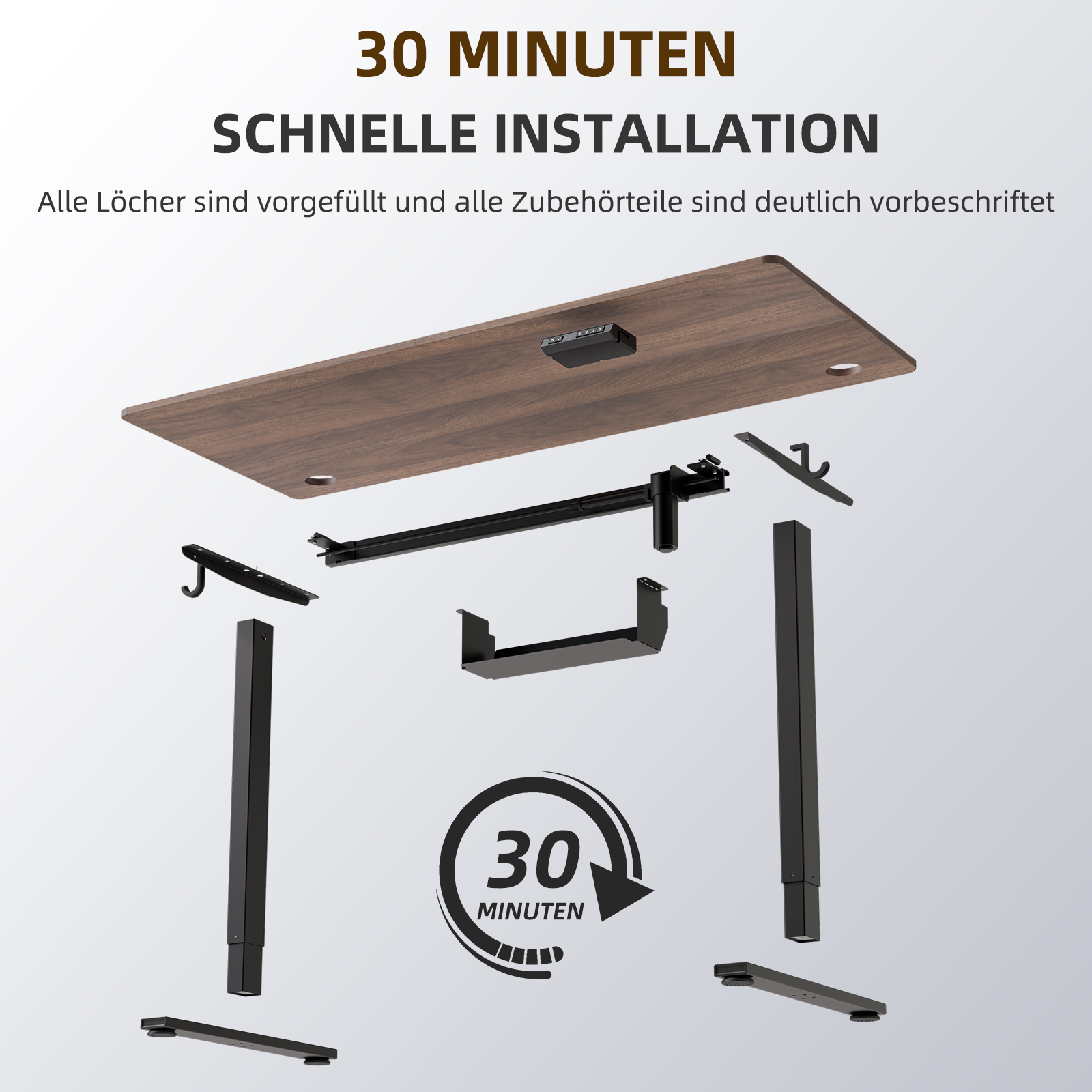 Explosionszeichnung eines höhenverstellbaren Schreibtisches mit Holztischplatte und schwarzen Metallteilen.