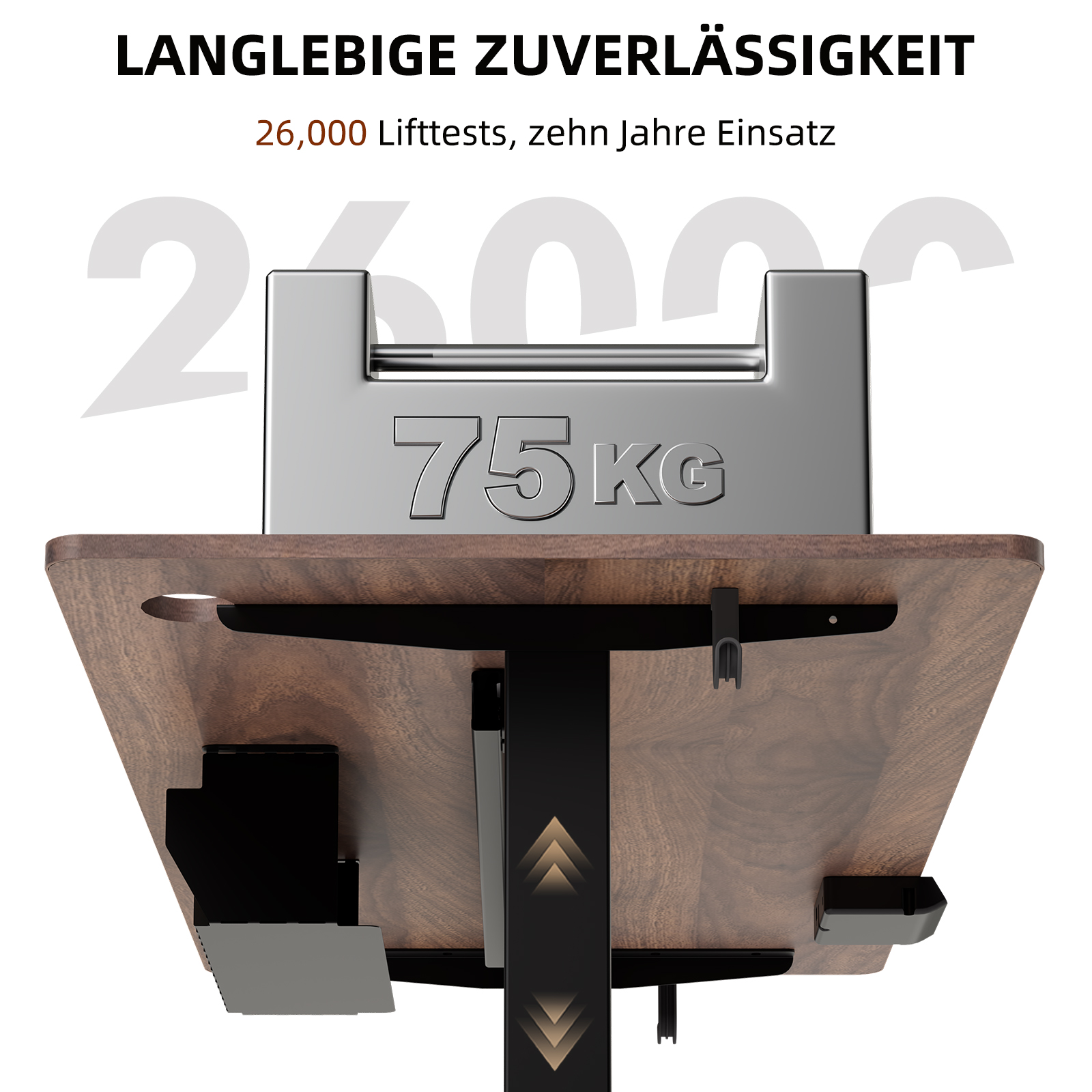 Ein 75 kg schweres Gewicht liegt auf einem holzfarbenen Schreibtisch, um die Stabilität des Lifts zu testen.