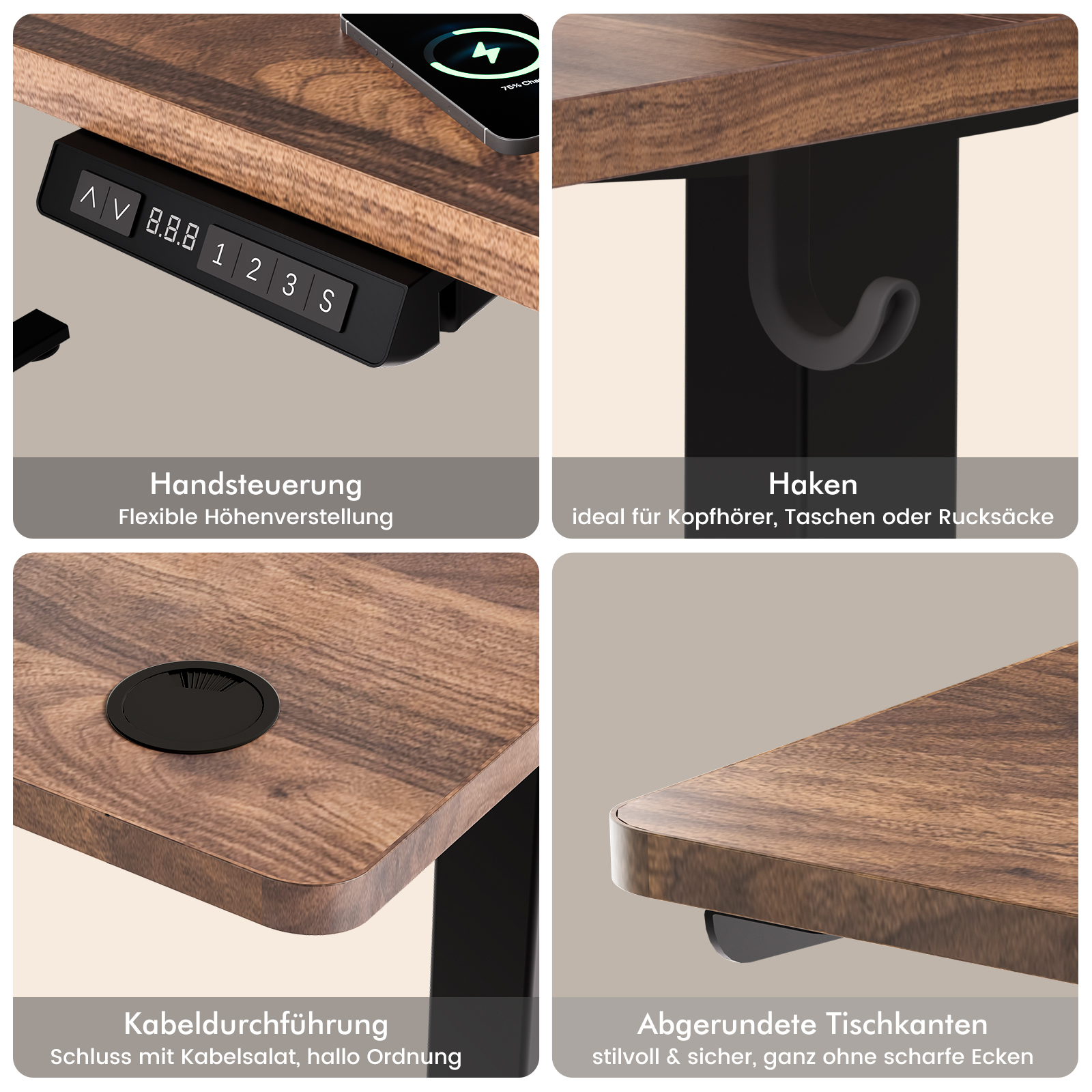 Vier Produktbilder eines Holztisches zeigen Handsteuerung, Haken, Kabeldurchführung und abgerundete Kanten.