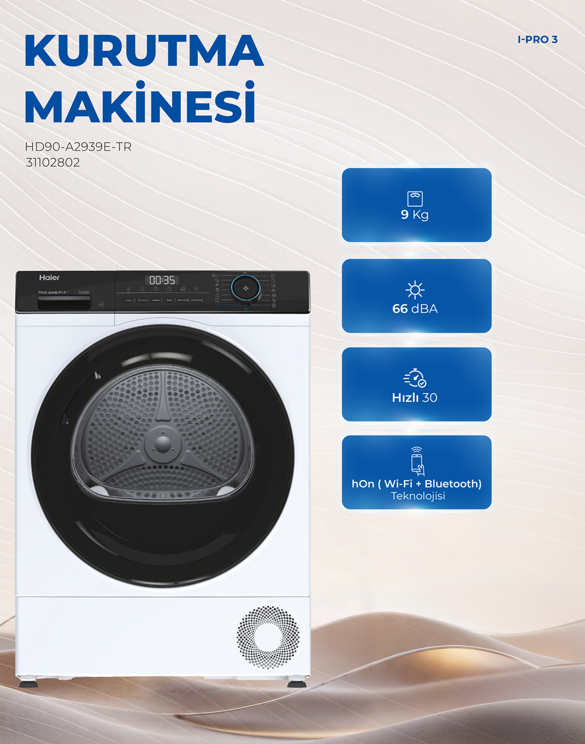 Bej arka planda mavi özellik simgelerine sahip beyaz Haier kurutma makinesi.