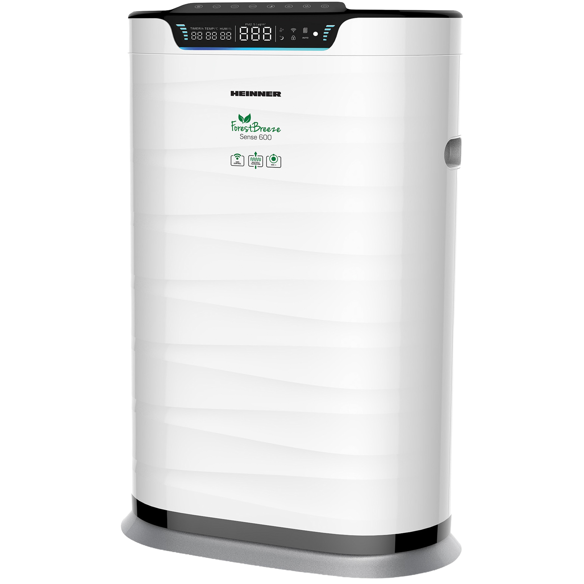 White Heinner ForestBreeze Sense 600 air purifier with digital display and wavy design on a grey base.