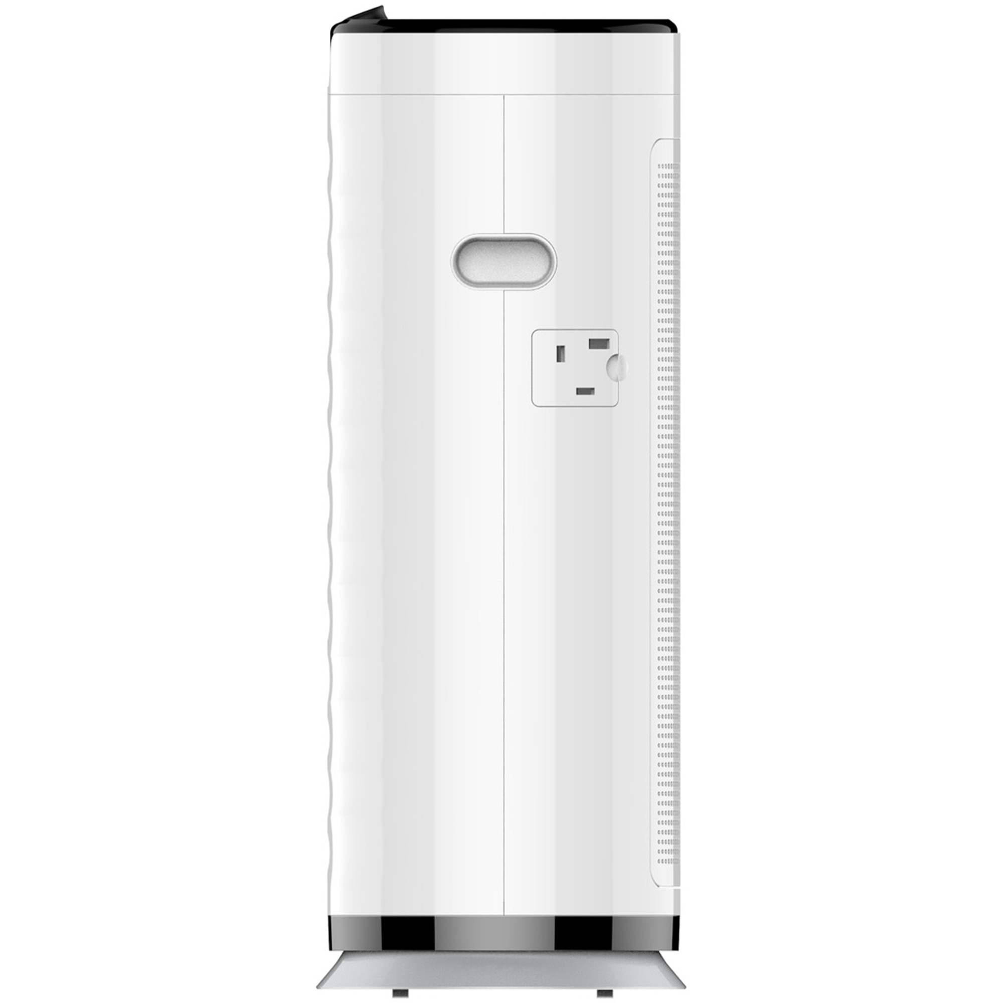 A white, vertical home appliance with buttons and ventilation grilles on a bright surface.