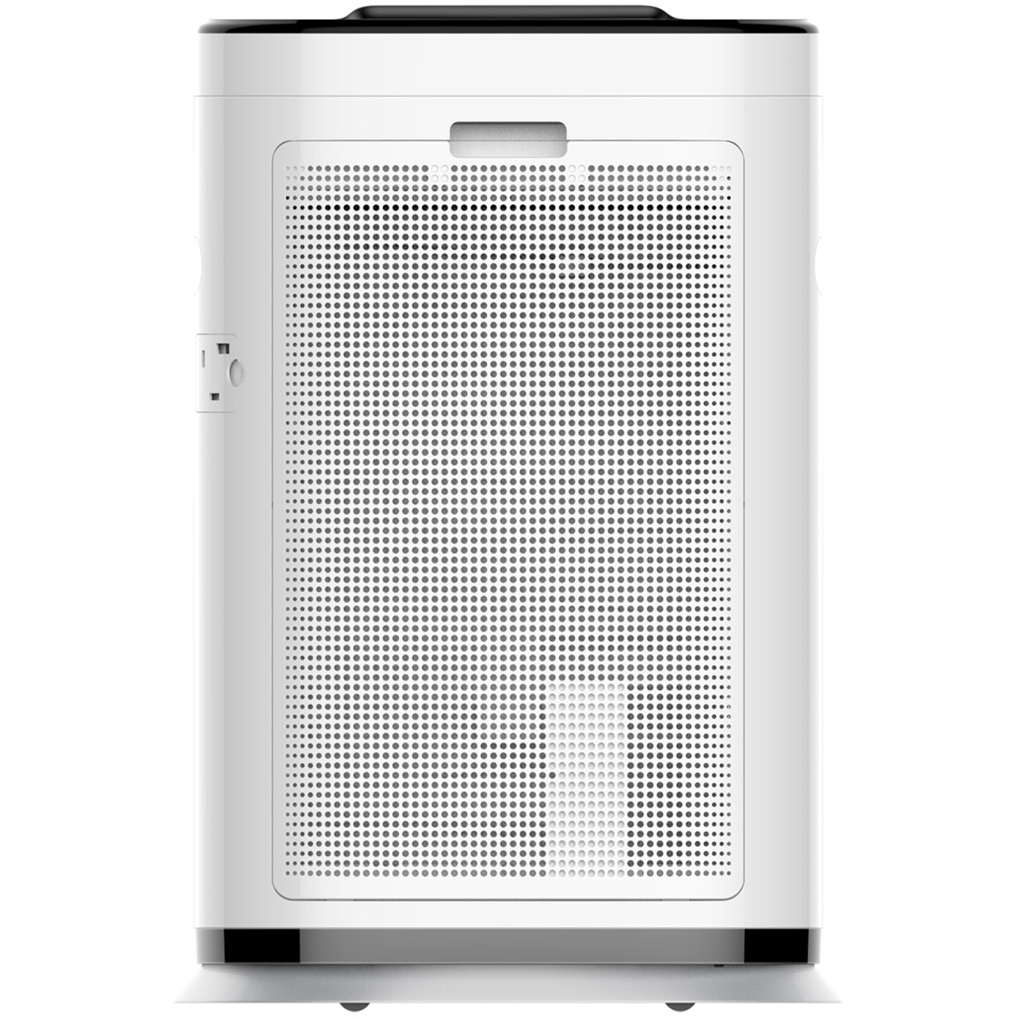 A white air purifier with a large perforated mesh front on a light background.