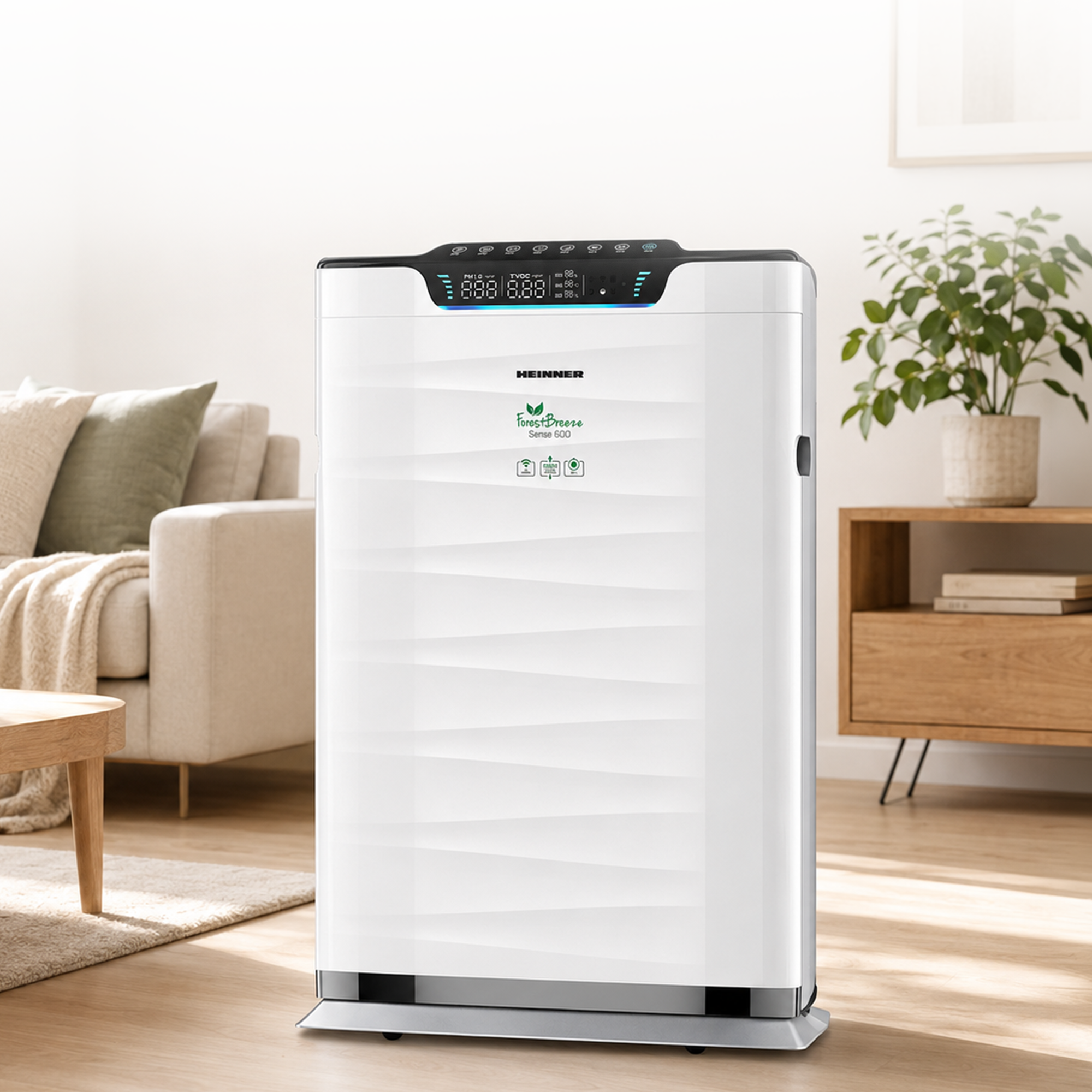 A white Heinner air purifier stands in a modern living room with a sofa, wooden cabinet, and potted plant.