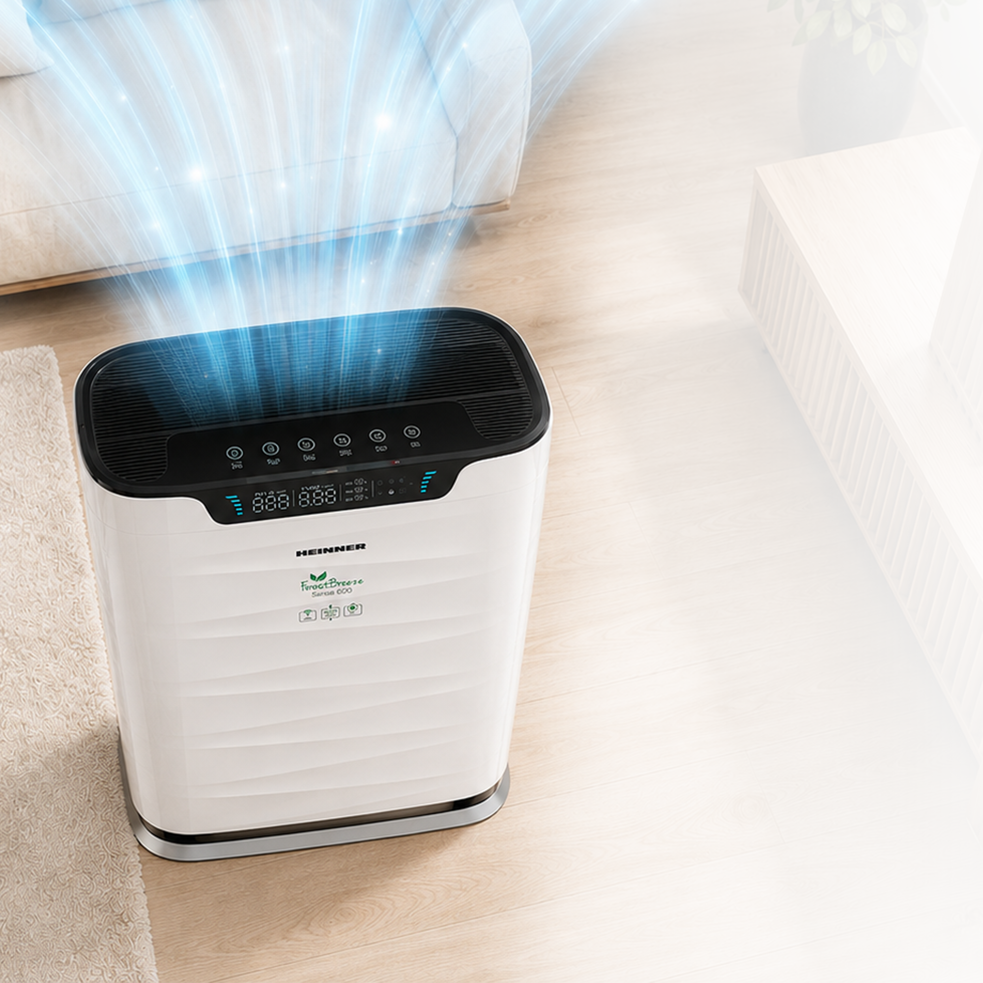 A white air purifier stands on a wooden floor, with blue light waves symbolizing rising air currents.
