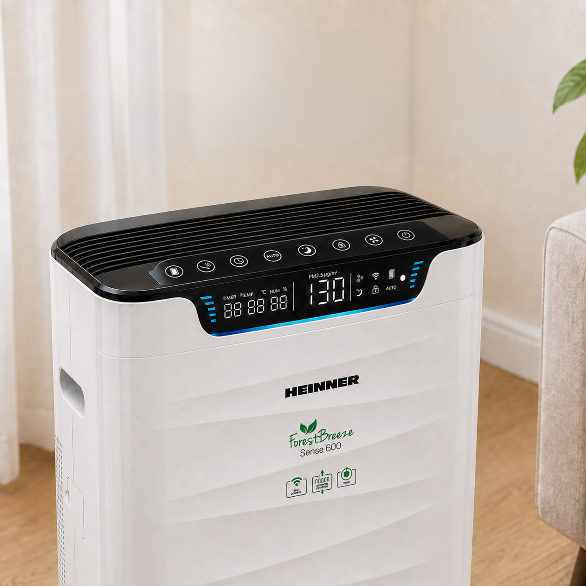 A white Heinner ForestBreeze Air Purifier Sense 600 stands in a room.
