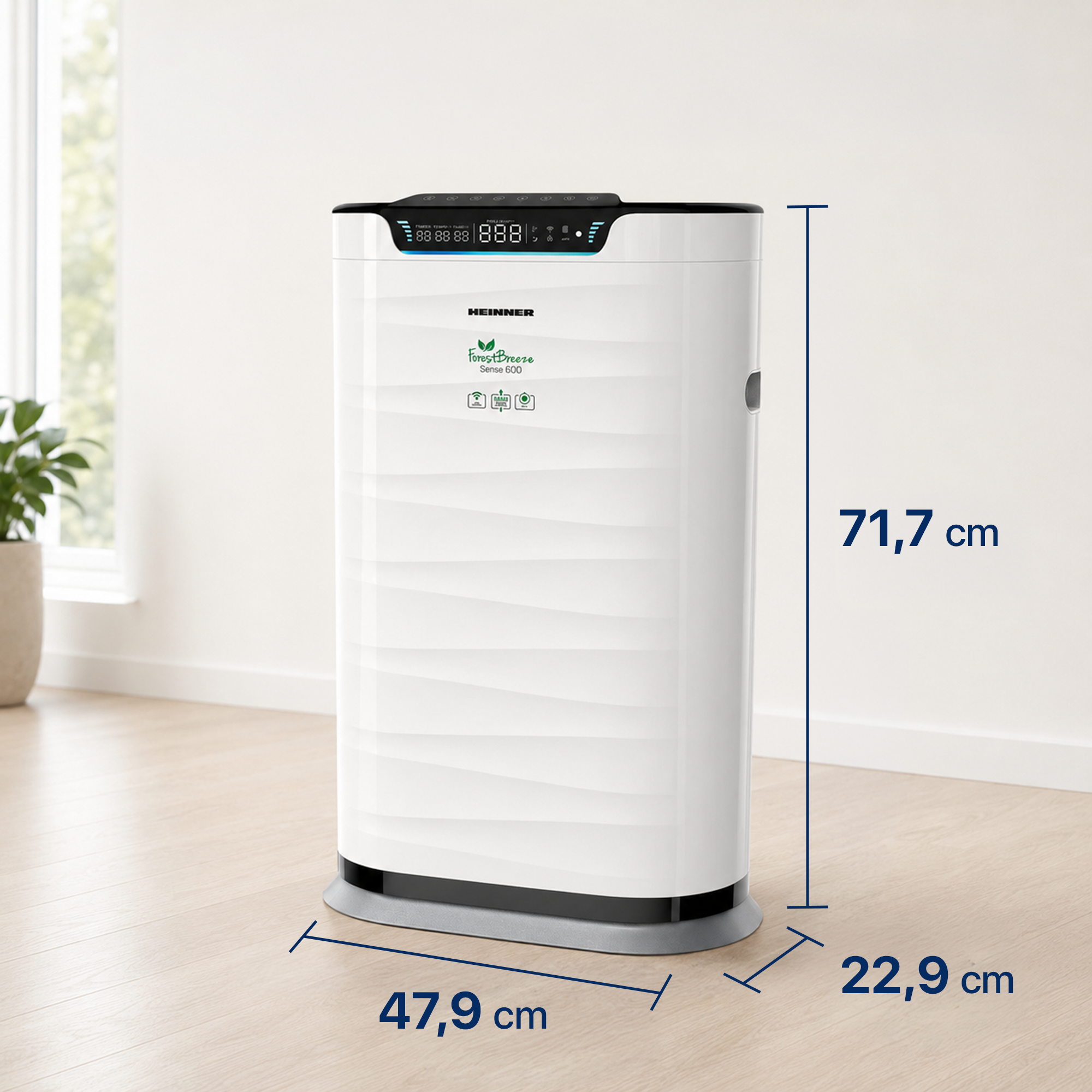White Heinner air purifier on wood flooring with blue dimension markings: 71.7 x 47.9 x 22.9 cm.