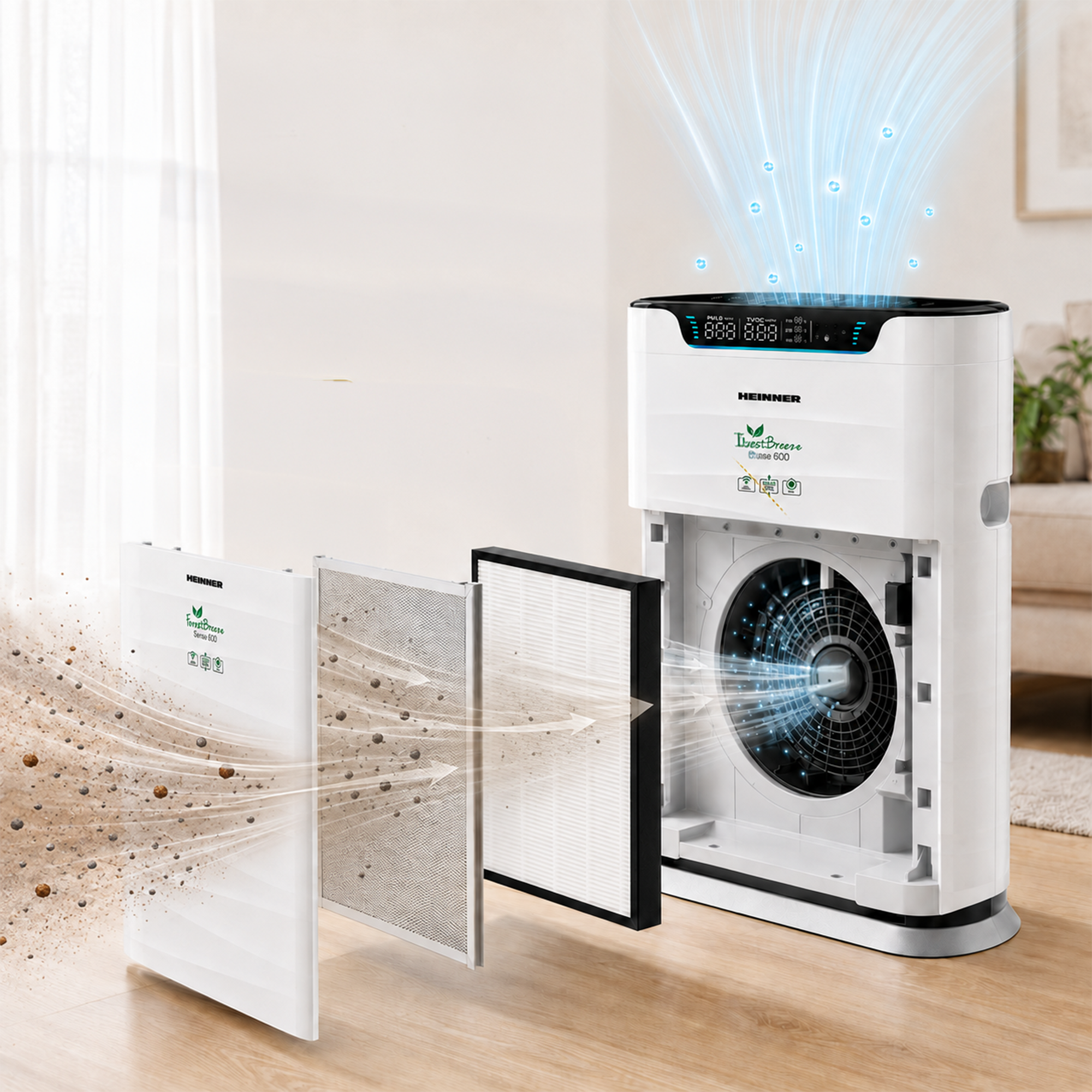 A white air purifier showing dust particles filtered through multiple layers and clean air flowing upwards.