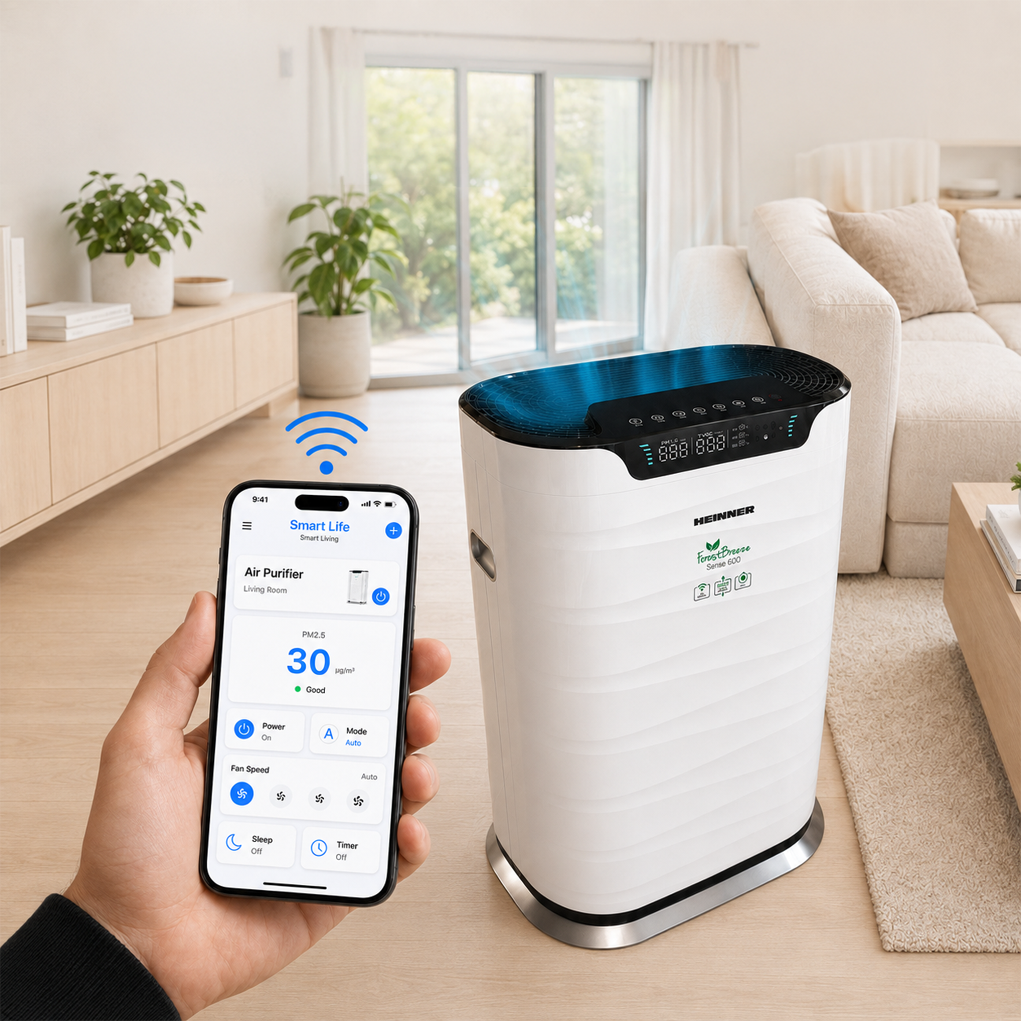 A hand holds a smartphone displaying an air purifier app next to a modern white air purifier in a bright living room.