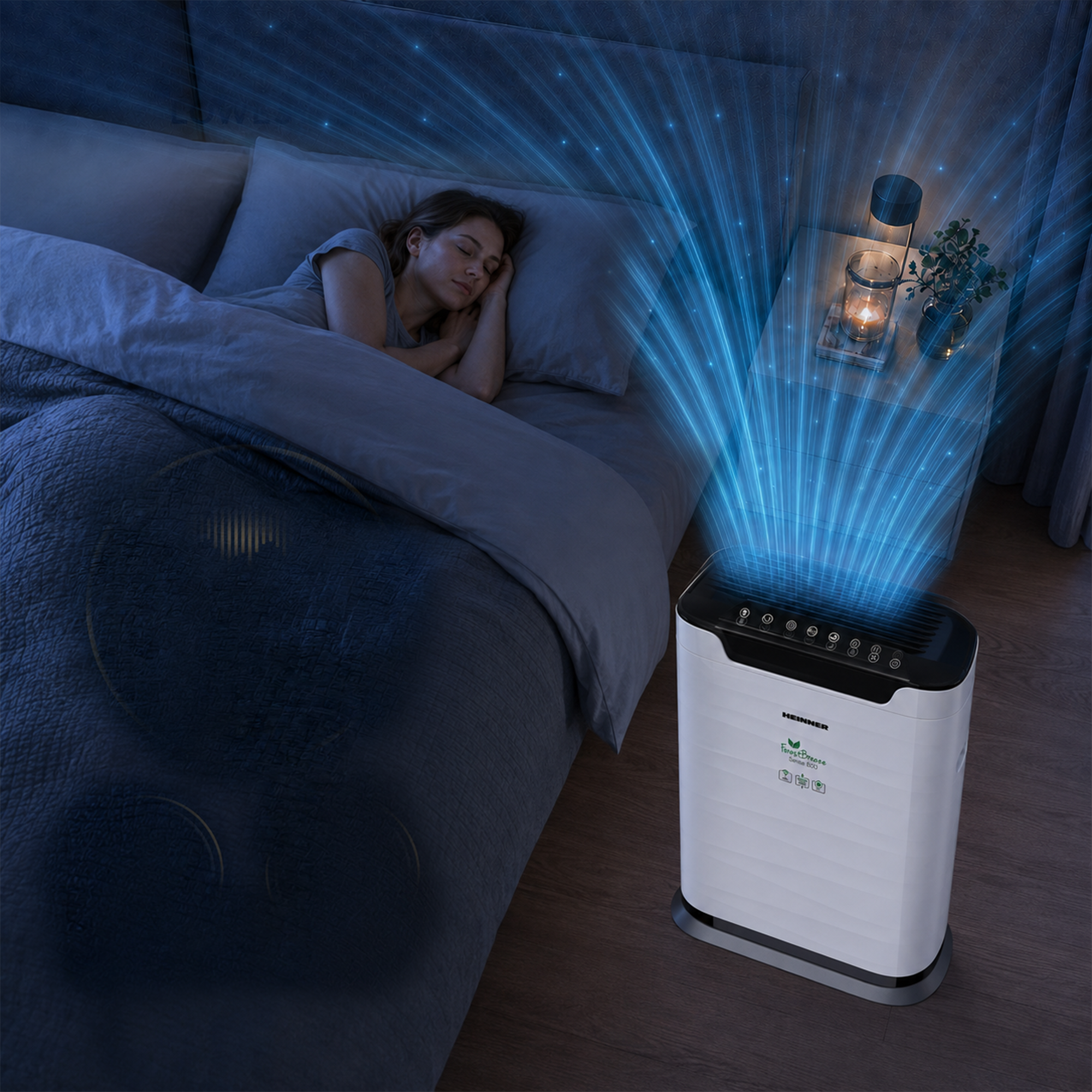 Air purifier in bedroom while a woman sleeps in bed.