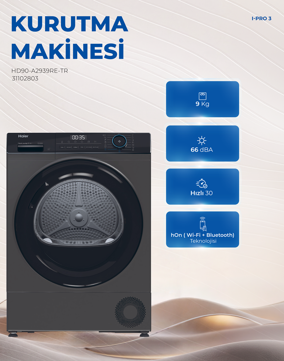 Dijital ekranlı ve kapasite ile Wi-Fi için mavi ikonlu gri Haier kurutma makinesi.
