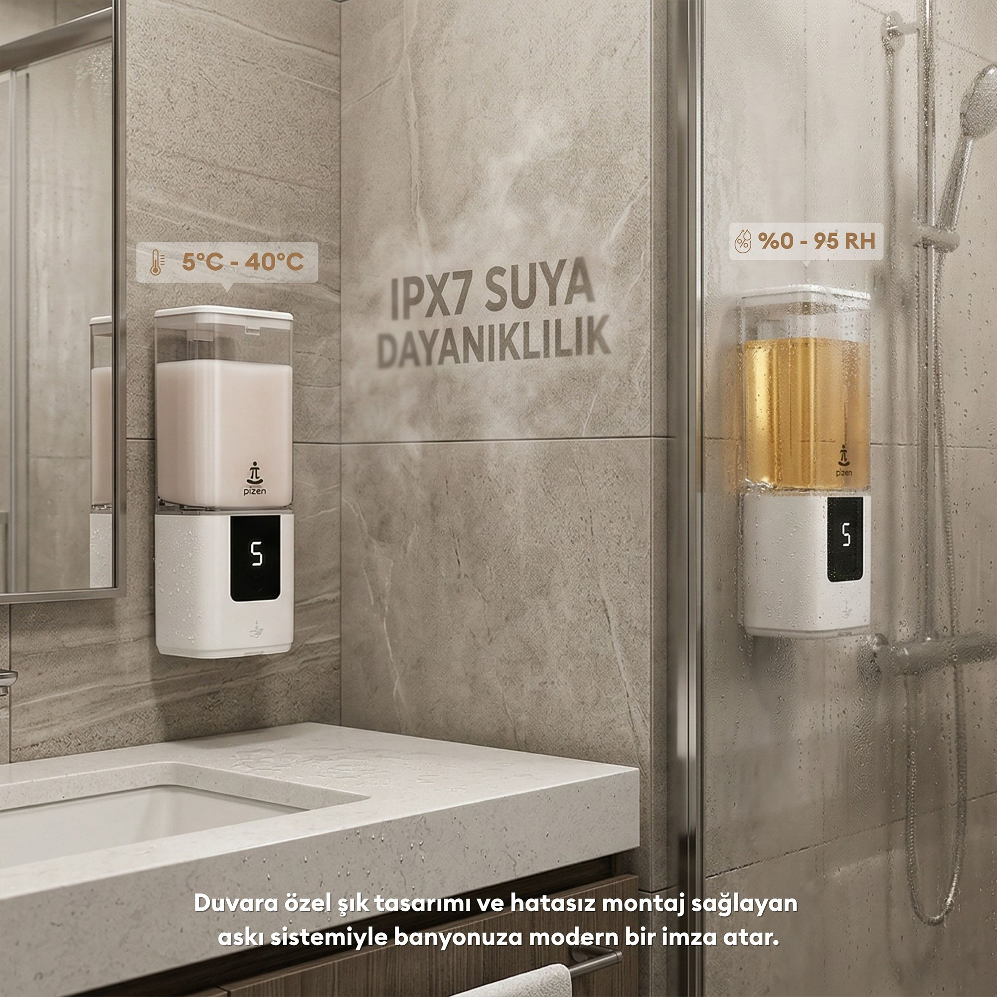 Modern bir banyoda fayans duvarlara monte edilmiş iki beyaz elektronik sabunluk.