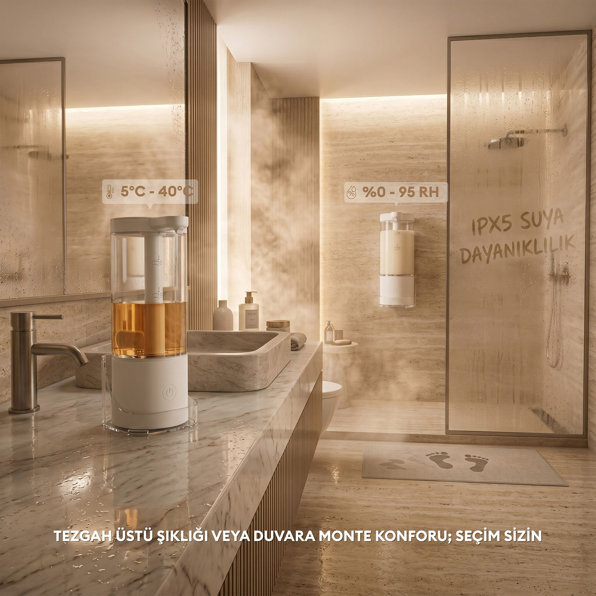 Teknik özelliklere sahip tezgah üstü ve duvara monte sabunluk gösteren modern bir banyo.