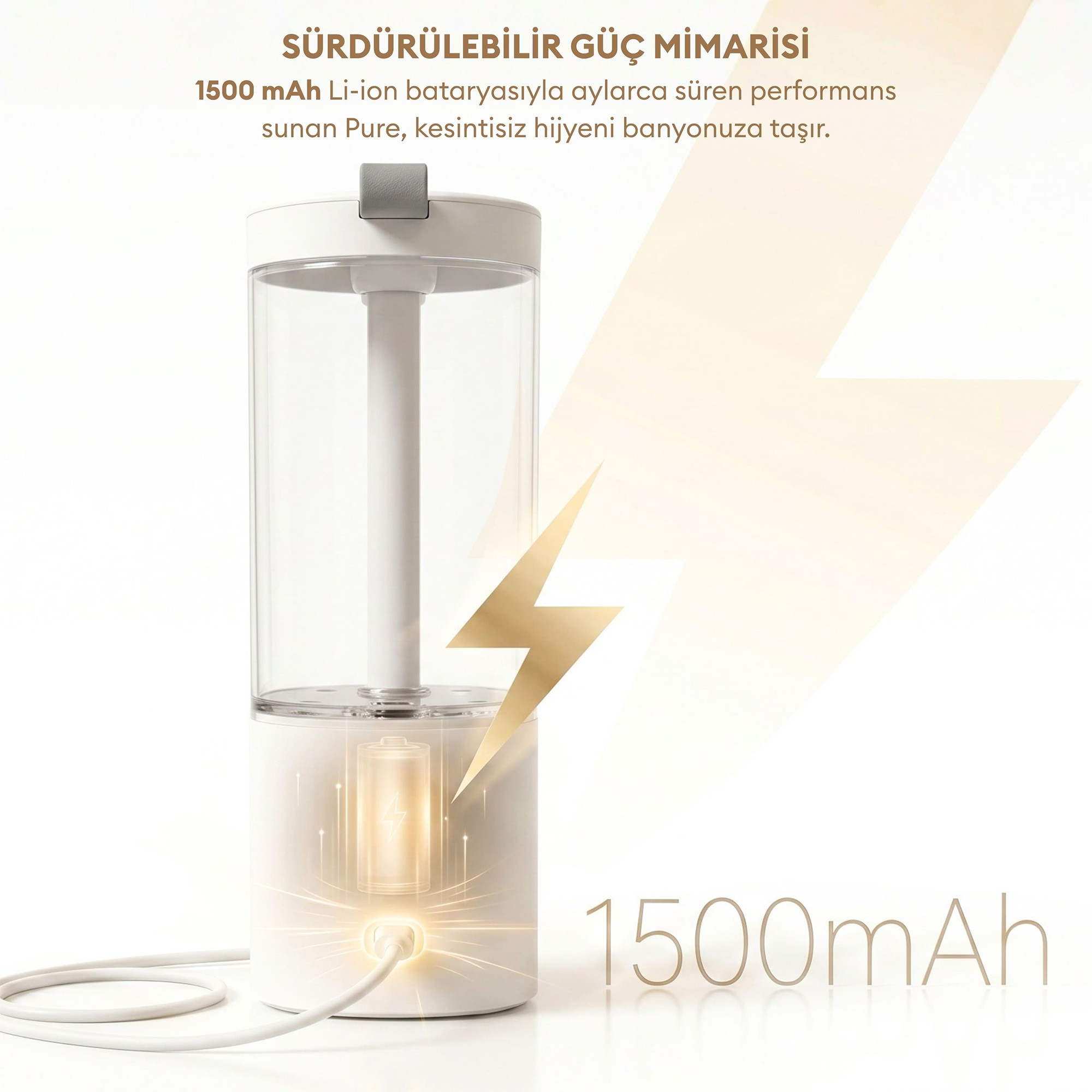 Alt kısımda pil simgesi, üst kısımda 1500mAh metni ve Türkçe cümleler bulunan beyaz silindirik bir dağıtıcı.