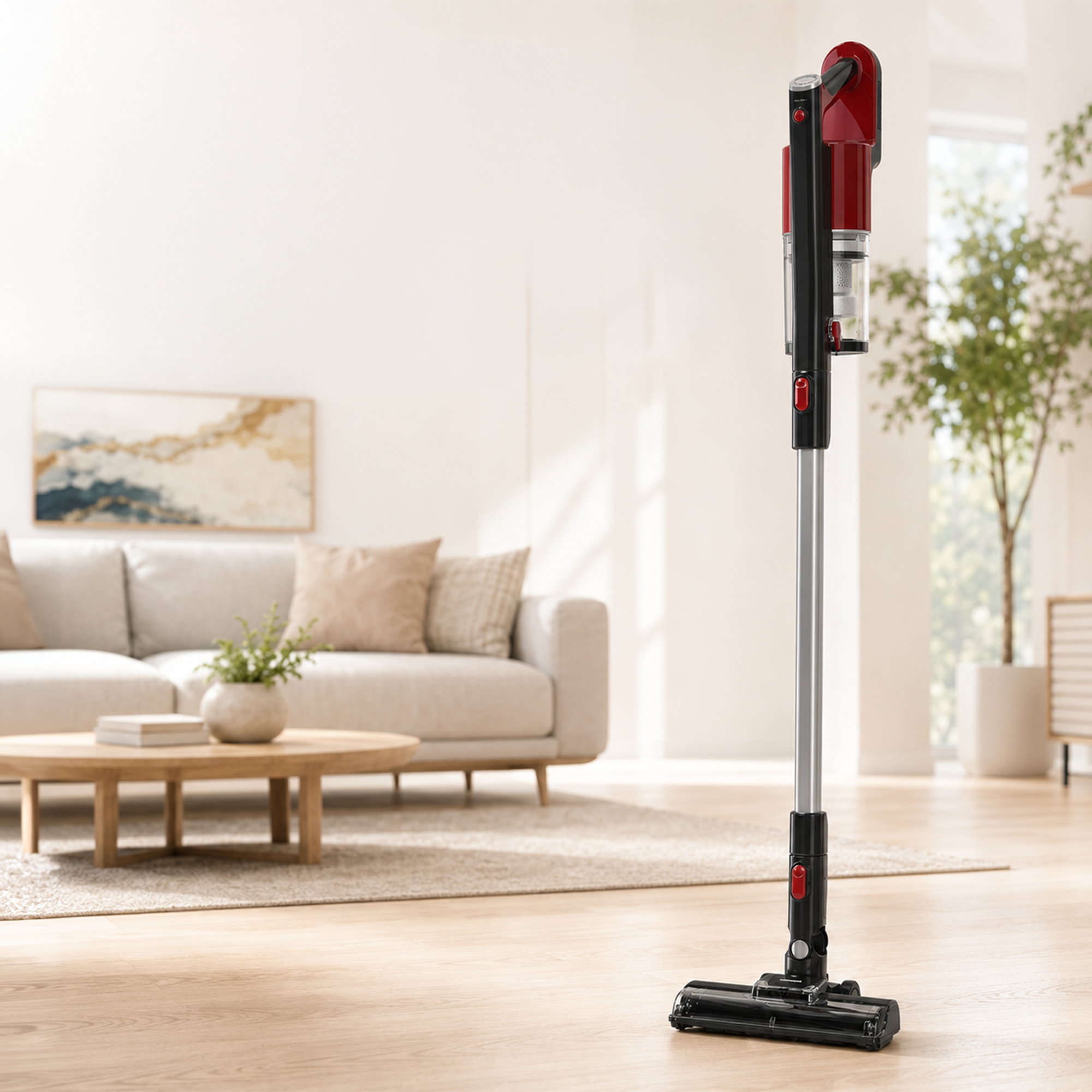 Een rode en zwarte draadloze steelstofzuiger staat op een lichte houten vloer in een moderne woonkamer.