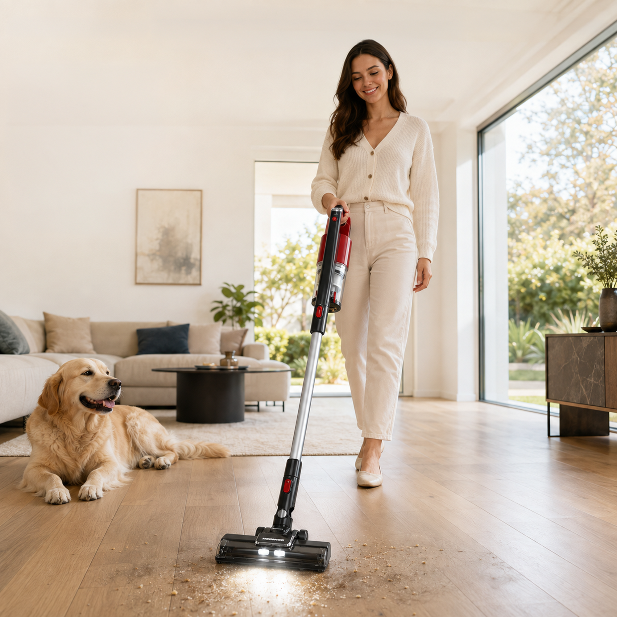 Une femme sourit en passant l'aspirateur sur un sol en bois, tandis qu'un golden retriever est couché près d'elle.