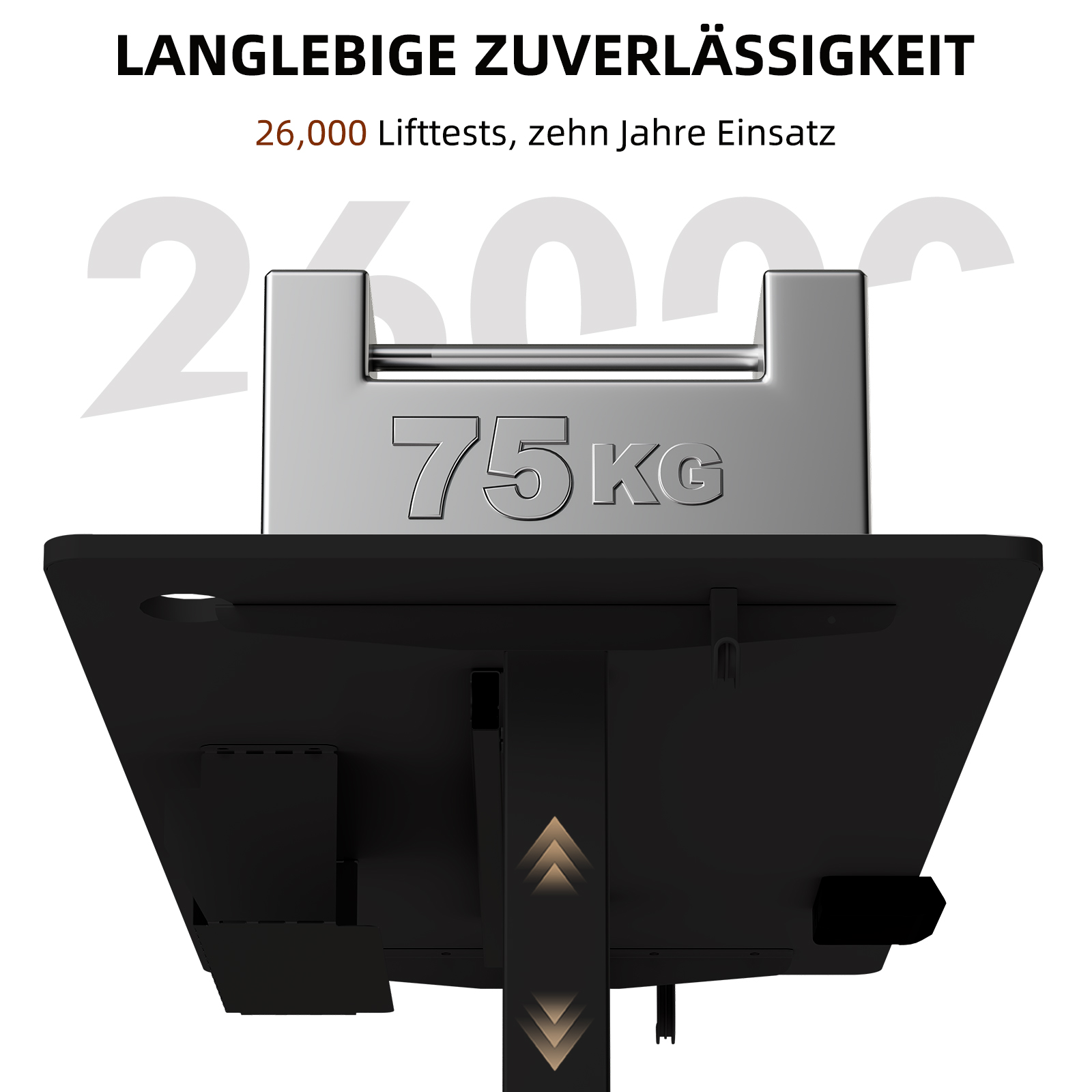 Ein silberner 75kg Gewichtstein liegt auf einem schwarzen höhenverstellbaren Tisch mit Text.