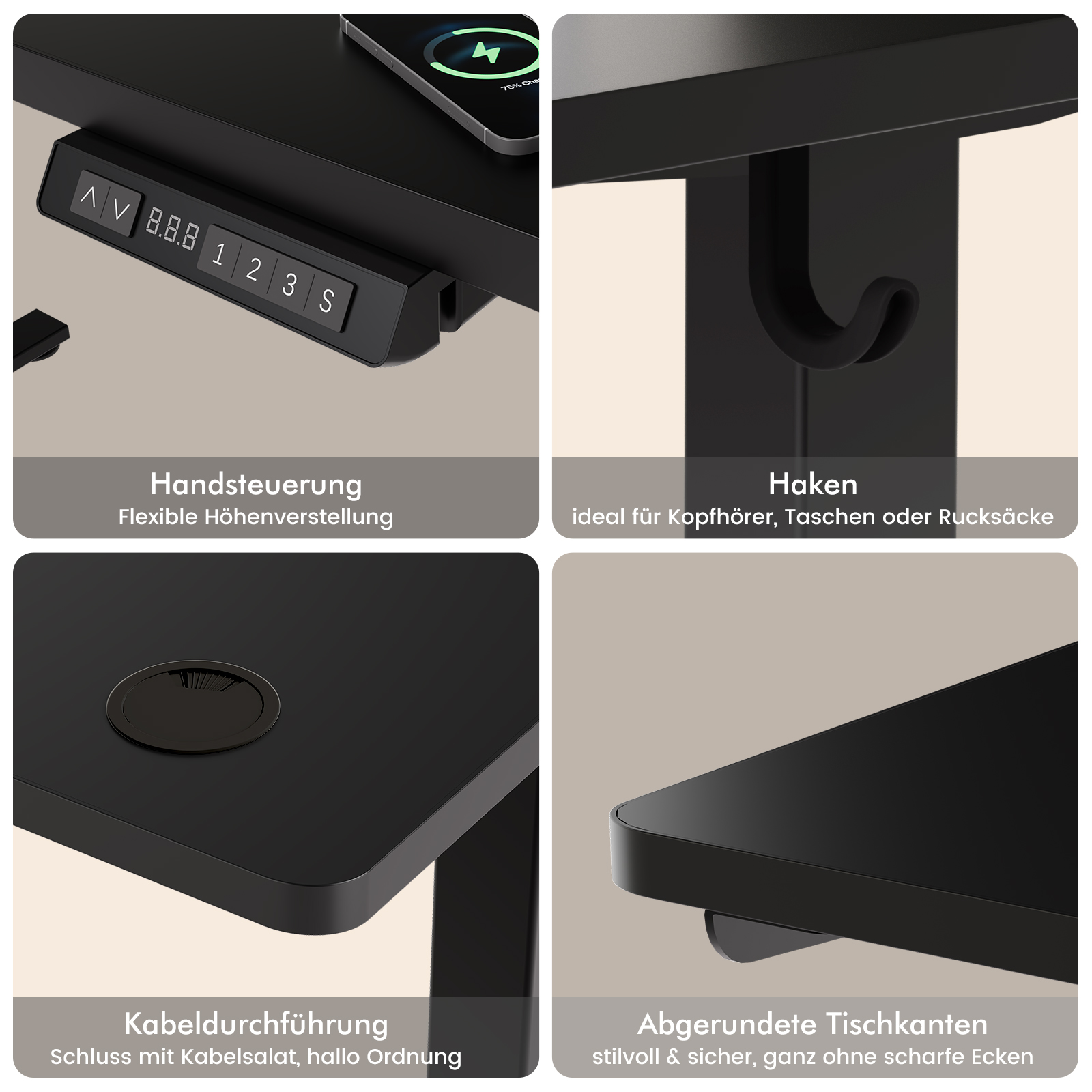 Vier Detailbilder eines schwarzen Schreibtisches mit Handsteuerung, Haken, Kabeldurchführung und abgerundeten Kanten.