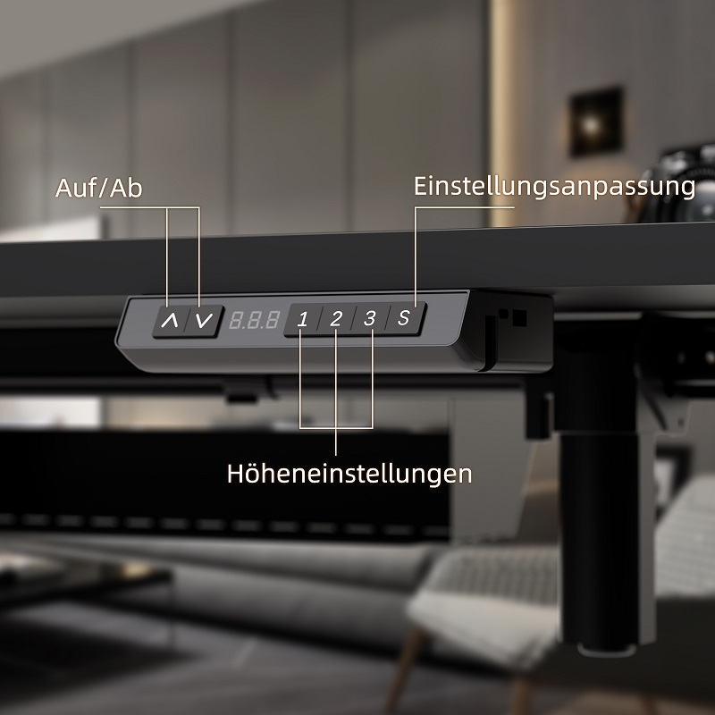 Elektronisches Tischbedienfeld mit digitalen Tasten und deutscher Beschriftung unter einer schwarzen Tischplatte.