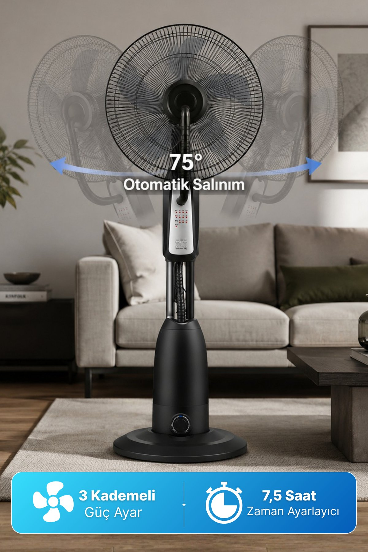 Modern bir oturma odasında 75° otomatik salınıma sahip siyah ayaklı vantilatör.